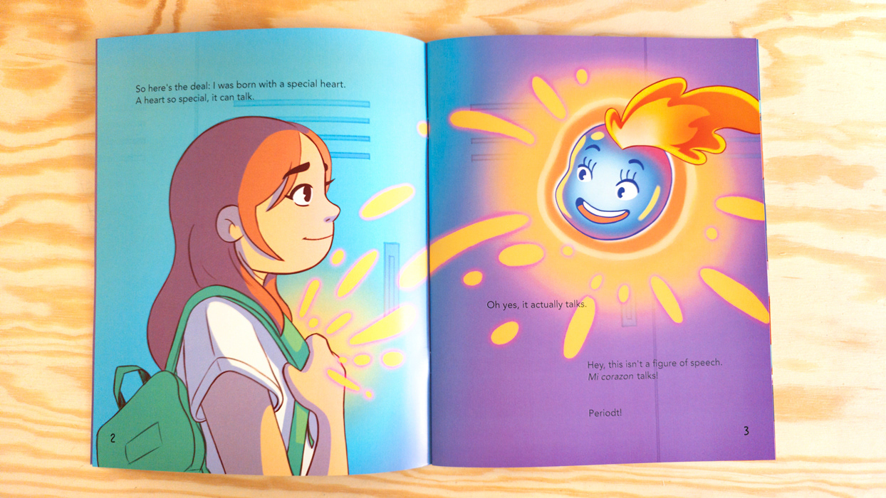 Gabby and her Magic Heart talking along the school corridors.