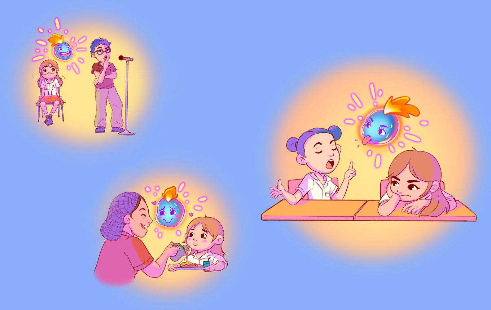Colorful spot illustrations featuring a girl laughing at her competitor at a spelling bee, a cafeteria lady pouring extra pancake syrup to an appreciative female student, and two female highschool friends annoying each other.