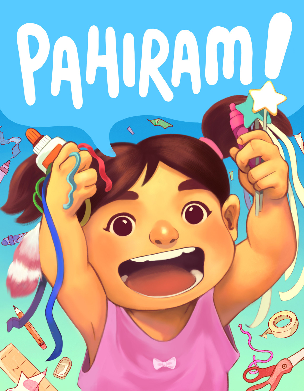 Book cover illustration with the title "PAHIRAM!" and features a little girl holding up art materials surrounded by other colorful art supplies.