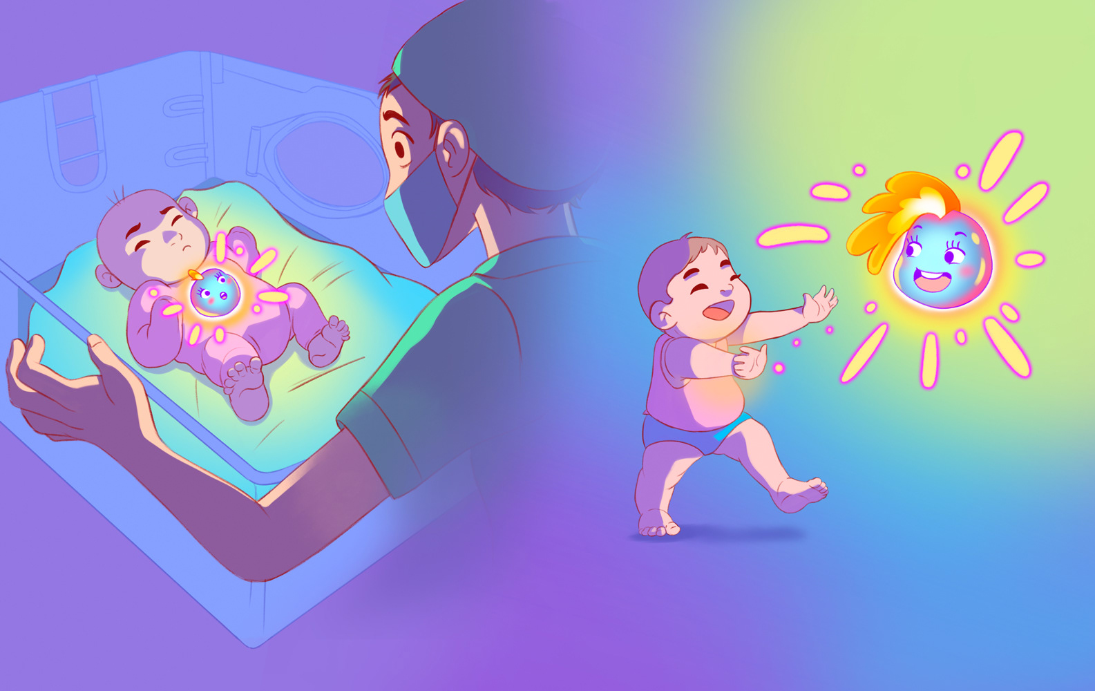 A colorful illustration of a hospital nurse surprised to find a talking heart in her infant patient. A colorful spot illustration of a toddler chasing after a floating blue, lively heart.