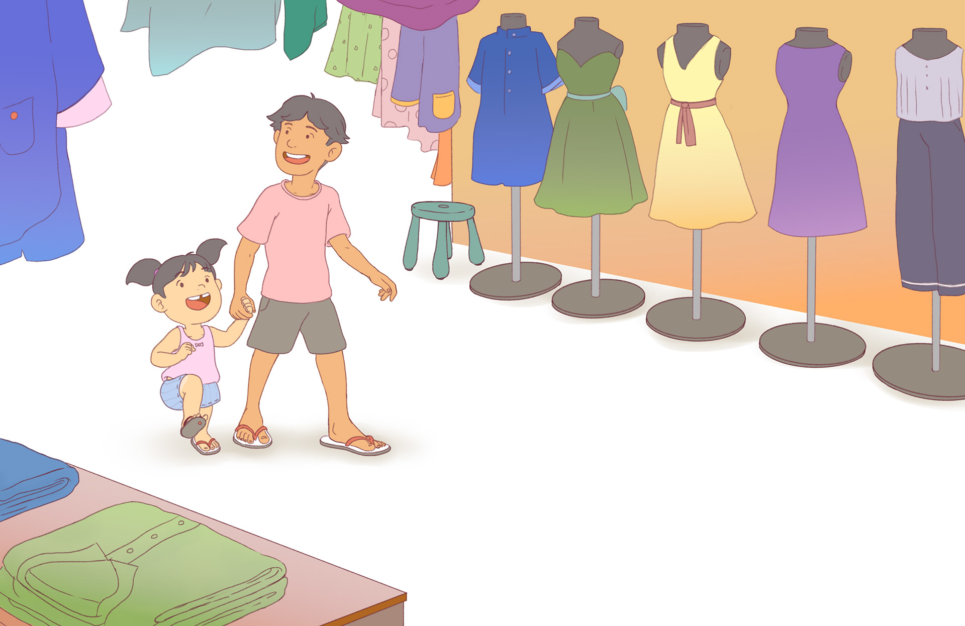 The kids excitedly explore Aling Simang's tailor shop.