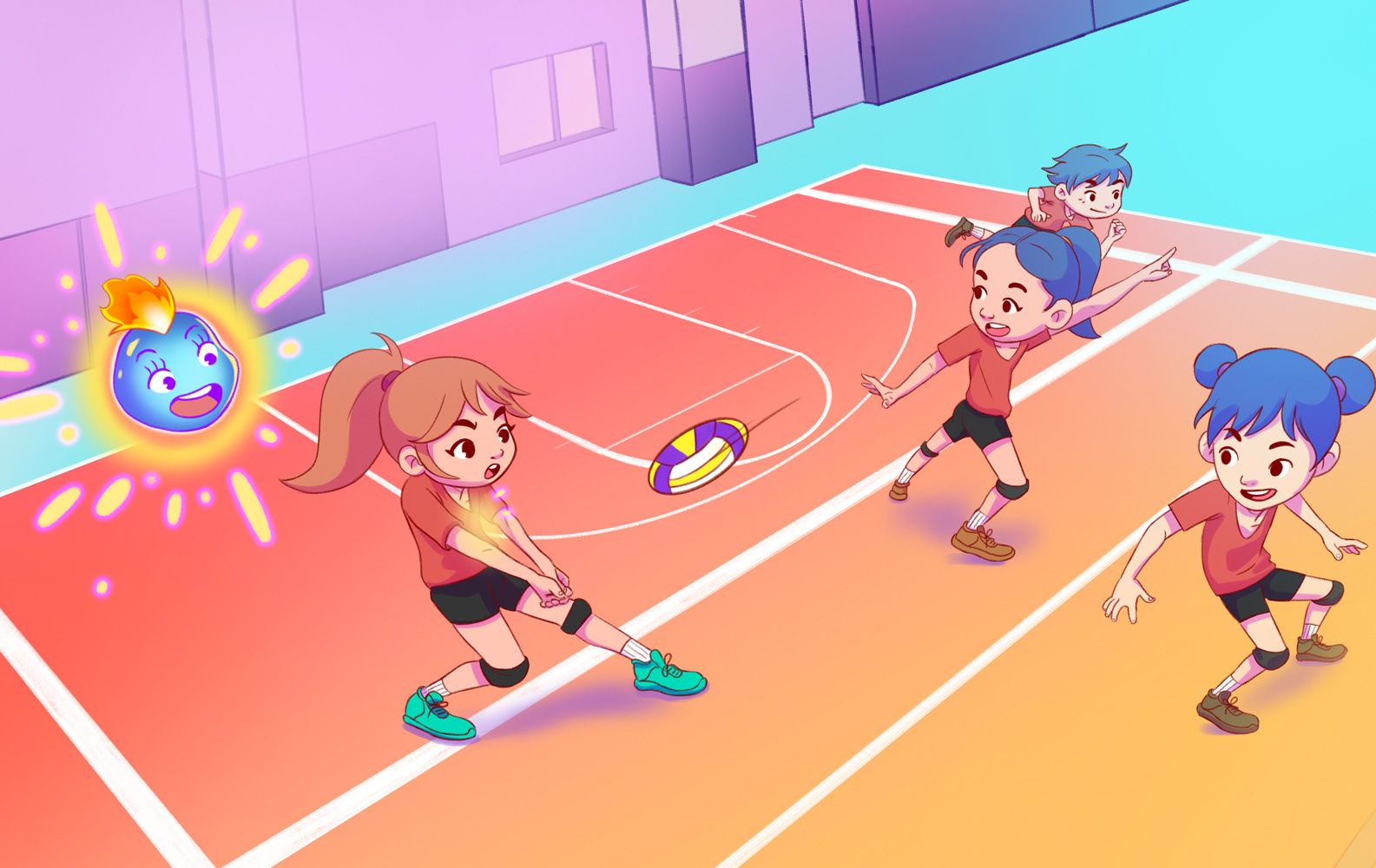 A colorful illustration of a group of highschool female varsity playeres playing volleyball.
