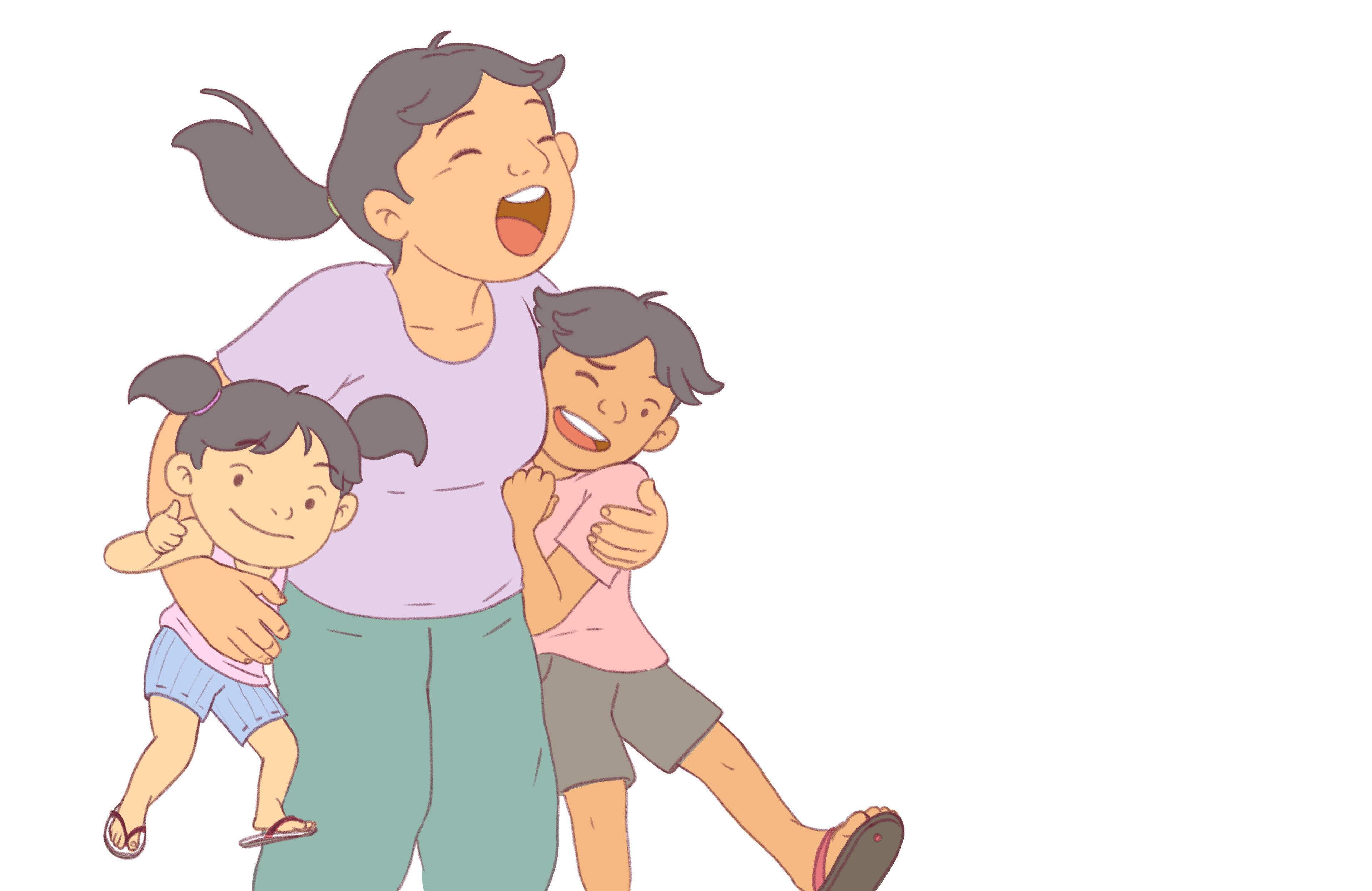 Nanay and her kids walk home happily.