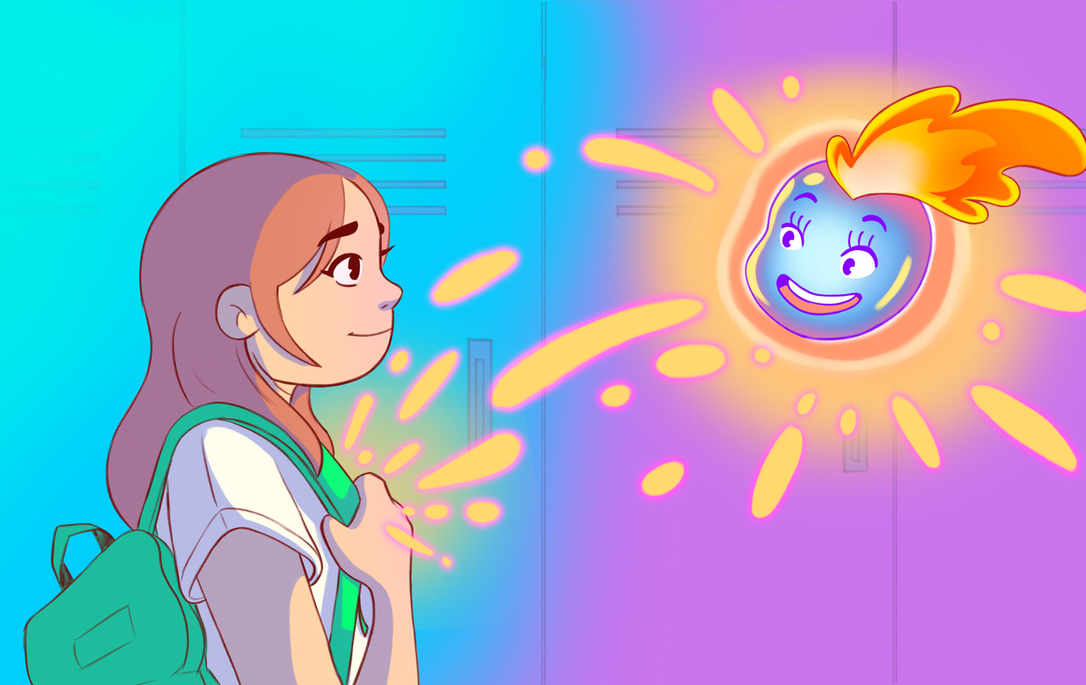 A colorful illustration of a young female highschooler who is shy and unsure, talking to a floating magical heart that is cheering her on as they walk through the school hallway.