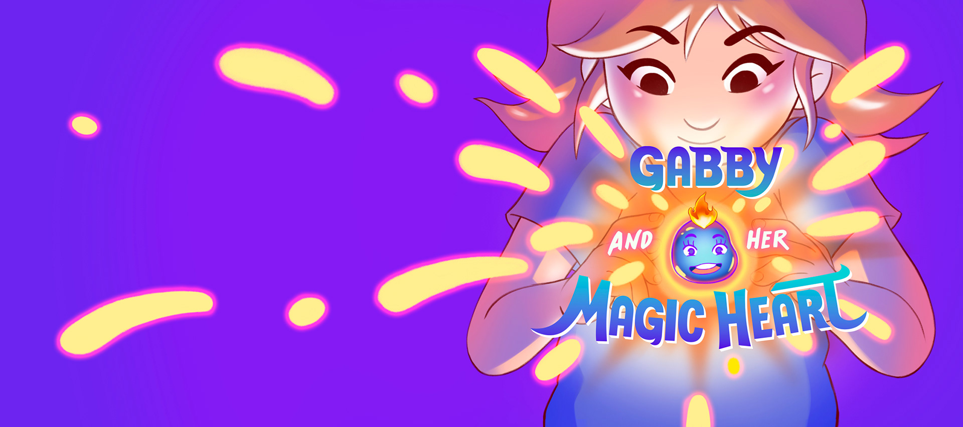 A colorful illustration for a picture book cover featuring a young girl holding up a cute, chubby blue heart with a flame on its head. The title of the book is Gabby and Her Magic Heart.