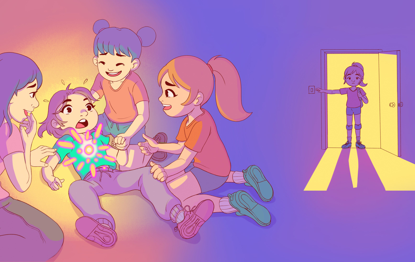A colorful illustration of a group of highschool varsity players surround another student who has just woken up with a bright light radiating from her chest. In the next page, a young varsity player stands at the threshold of her dark bedroom, outdoor light framing her silhouette as she stares sadly into her room.