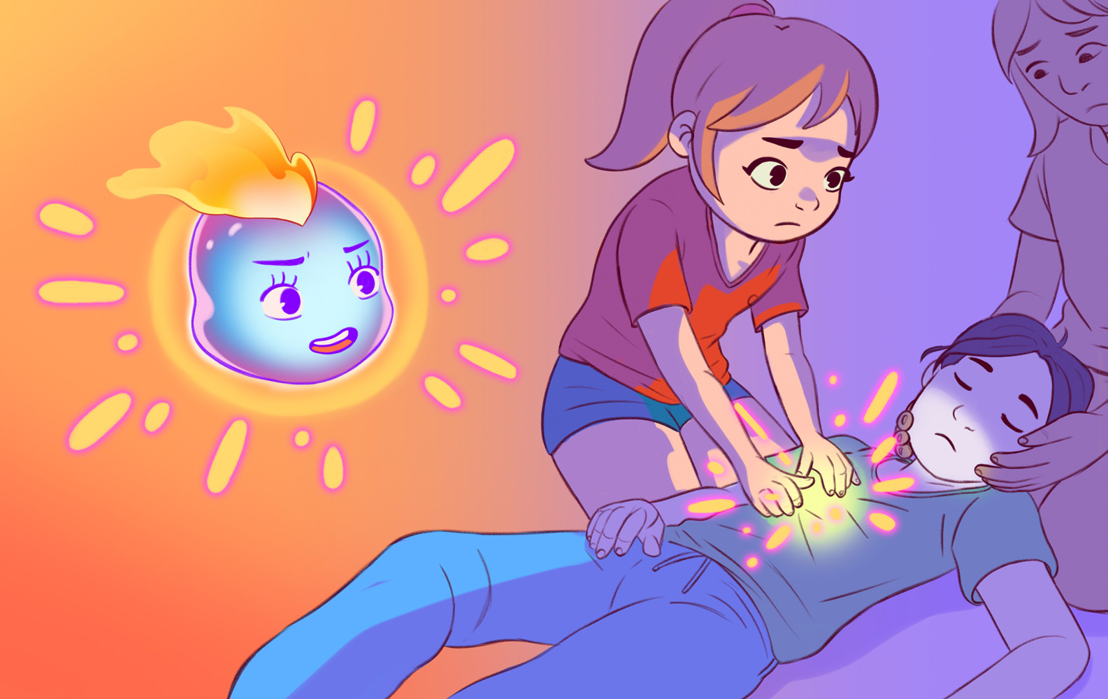 A colorful illustration of a young female highschool varsity player is helping another student how has fainted. A cute blue heart is floating near her looking very concerned.