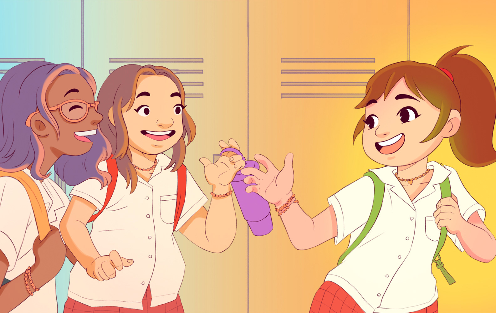 A colorful illustration of of three female highschool students are laughing and chatting along a school hallway. Their lockers are behind them.