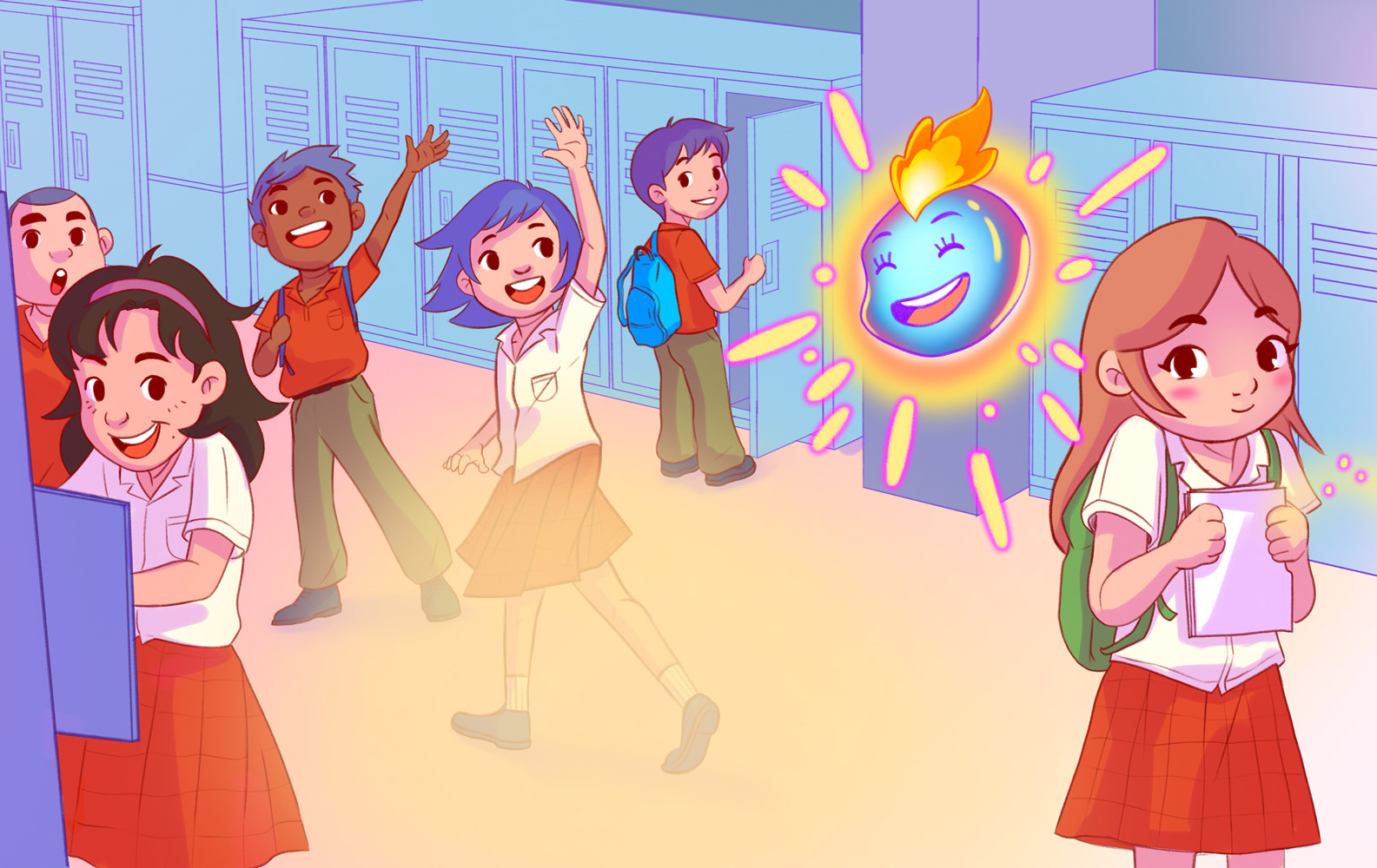 A colorful illustration of a group of highschool students waviing at their female schoolmate in the middle of a highschool locker hallway