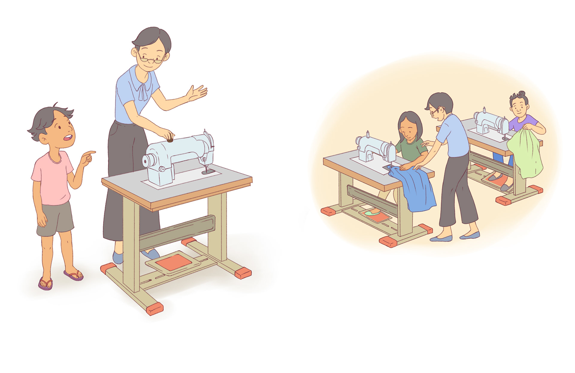 Aling Simang recounts the beginnings of her tailoring shop.