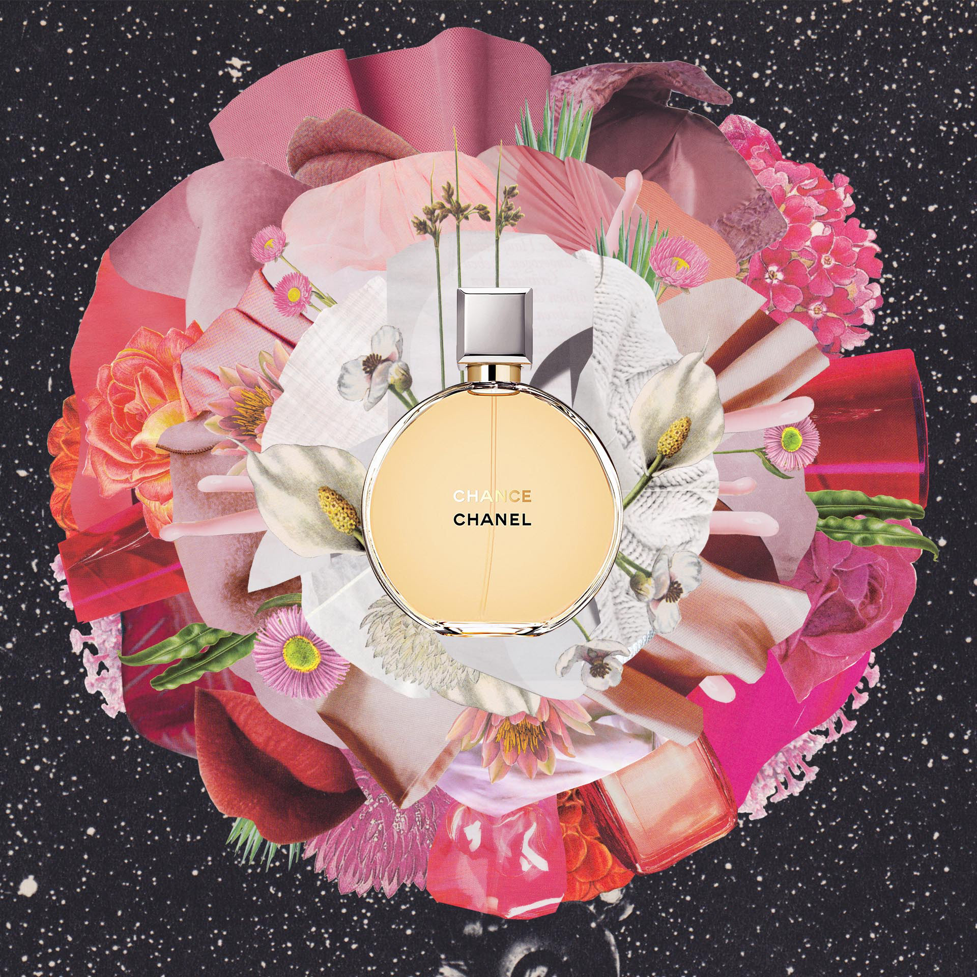fashion collage art work pink white with chance chanel parfume in the center
