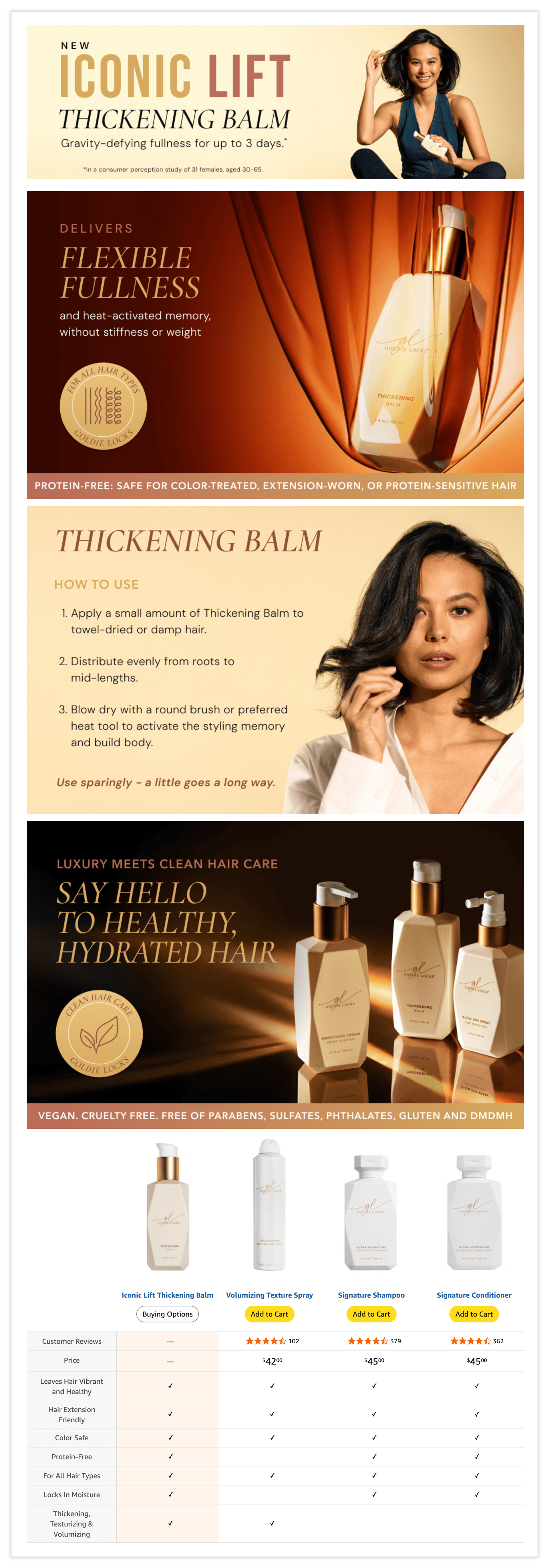 Goldie Locks new product launch - Thickening Balm A+ content on Amazon