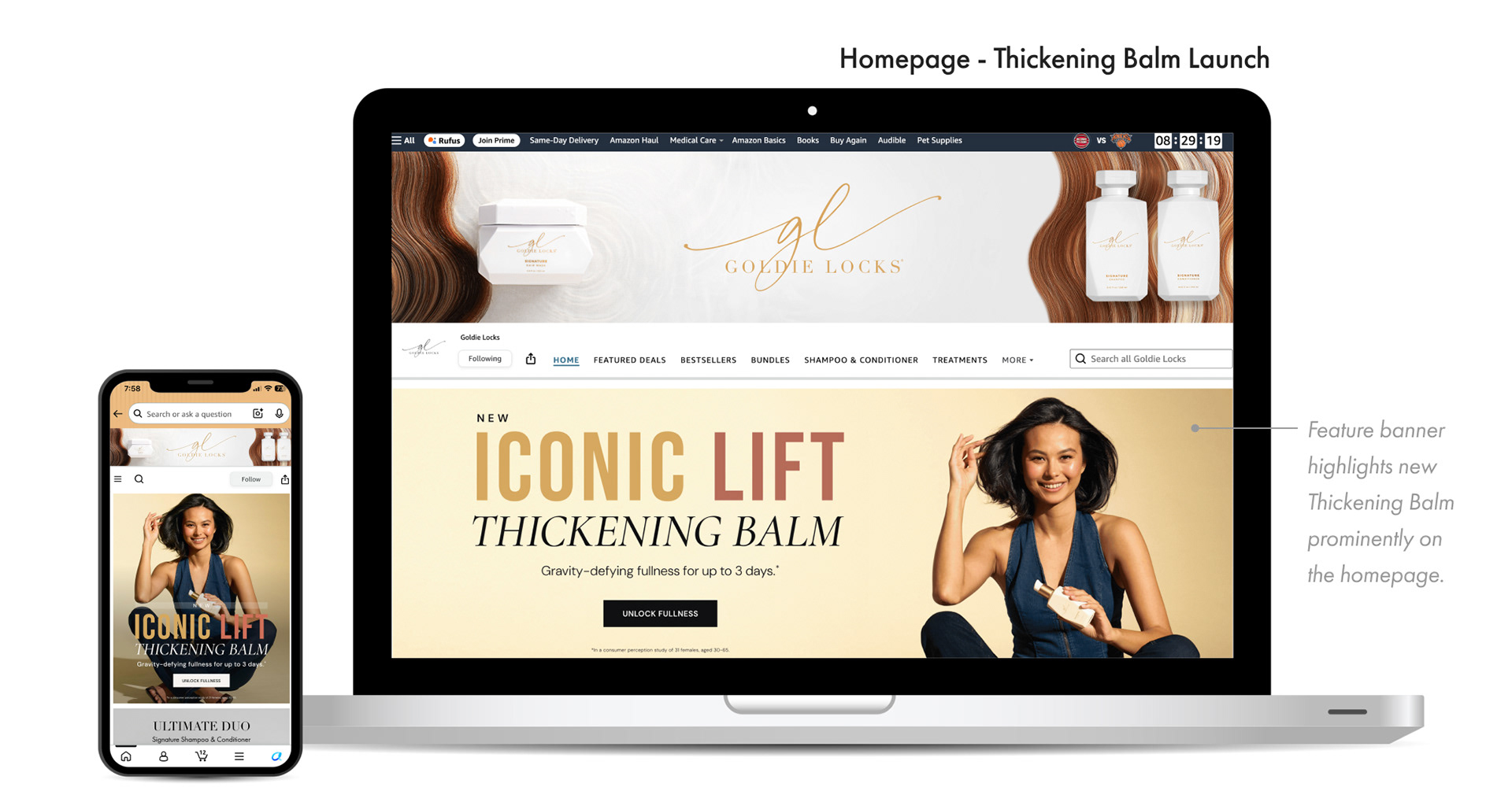 Goldie Locks new product launch - Thickening Balm on Amazon homepage