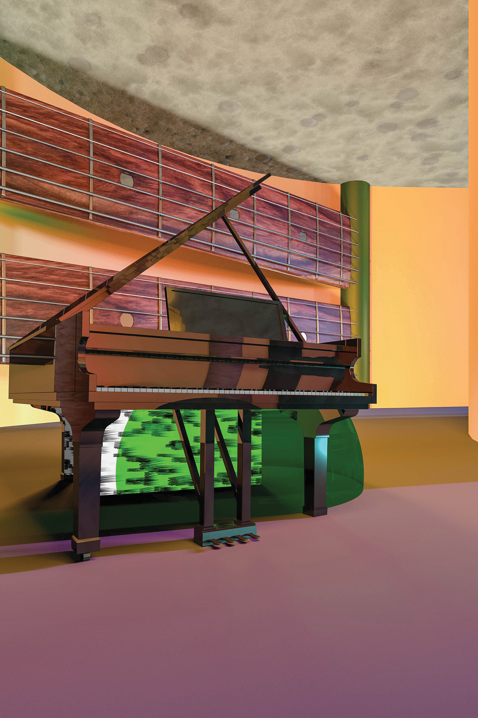 EXISTENCE incorporates sound-absorbing materials to reduce noise levels and create a more comfortable listening environment. For a diversified sensory experience, headphones and musical instruments such as pianos, large-scale guitars, and tambourines are also available.