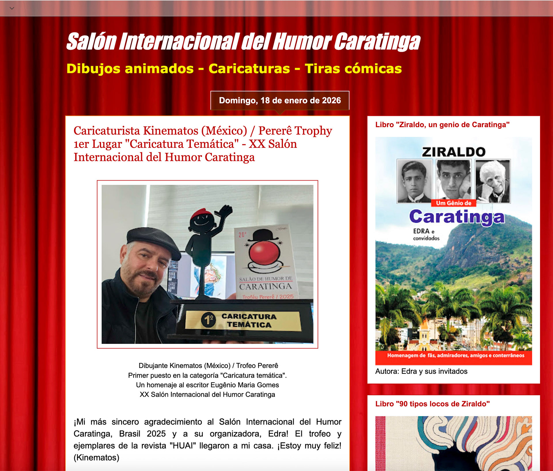 Premio de primer lugar por caricatura temática En el concurso Salao de Humor de Caratinga 2025
