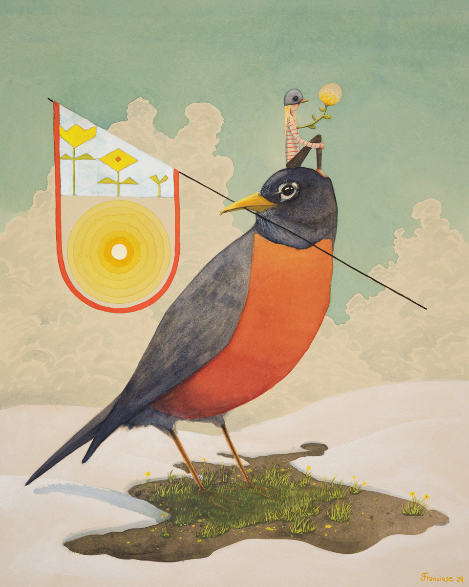 "A Warm and Welcome Arrival" 2024, watercolor and gouache, 16" x 20"