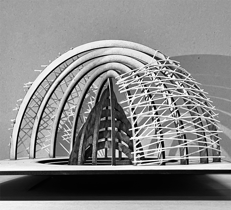 Image showcasing the overall view of the amphitheater, highlighting its form, spatial arrangement, and integration of the stress-relief concept.