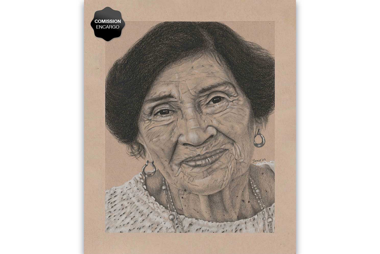 Retrato personalizado a lápiz de una adulta mayor con una dulce mirada Costa Rica. Artista Janid Alfaro.