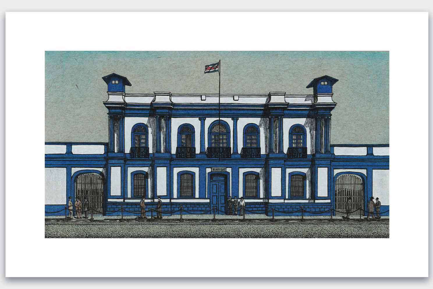 Fine Art Print, fachada Palacio Presidencial, demolido en el siglo XX, Dibujo a Plumilla y lápiz pastel, Costa RIca, artista Janid Alfaro