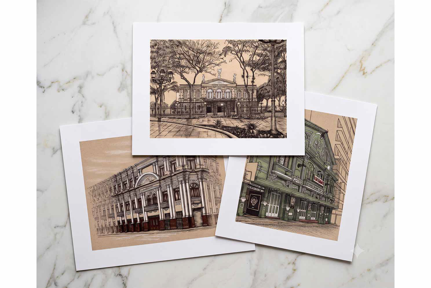Colección Los Tres Teatros en Fine Art Prints certificados de edición limitada por la dibujante realista Janid Alfaro en San José, Costa Rica.