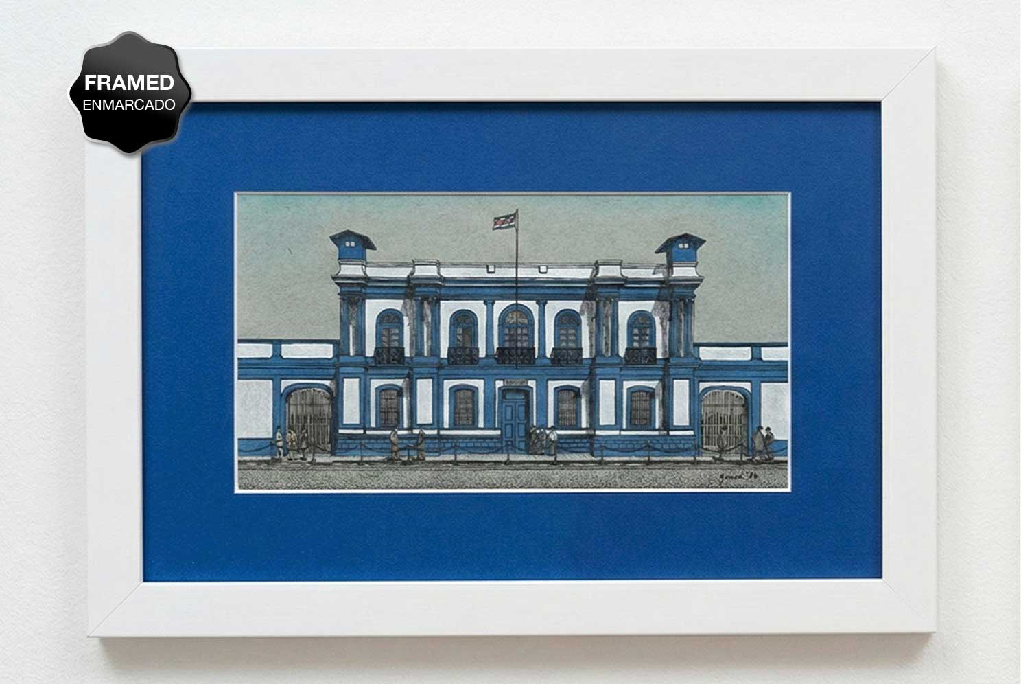 Dibujo hecho a mano con Plumilla y lápices pastel. Palacio Presidencial. Costa Rica