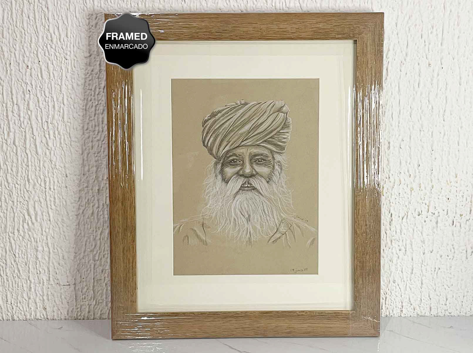Dibujo Realista Original, Retrato de un hombre viejo con turbante, Lápiz grafito y pastel, artista Janid Alfaro