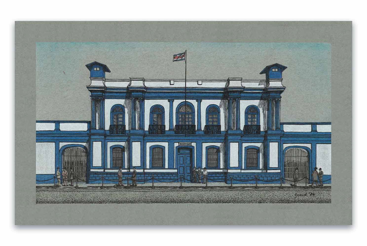 Dibujo Realista Original, fachada de El Palacio Presidencial de Costa Rica, de estilo clásico, demolido, Lápiz pastel, artista Janid Alfaro