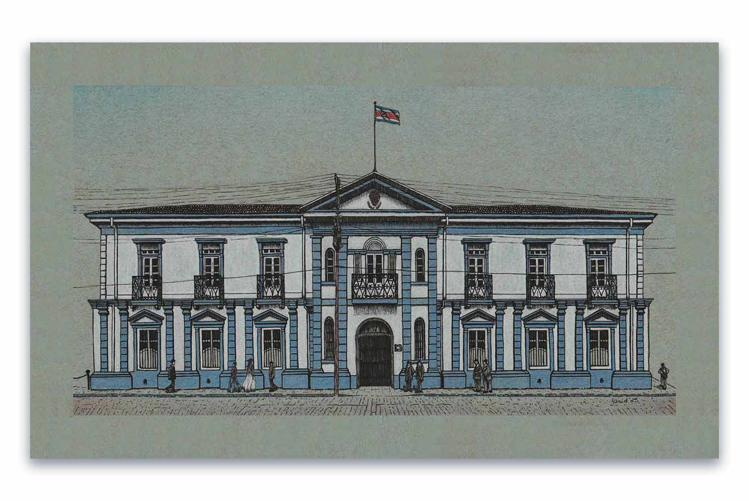 Dibujo Realista Original, fachada de El Palacio Nacional, de estilo neoclásico, demolido en 1958, Lápiz pastel, artista Janid Alfaro