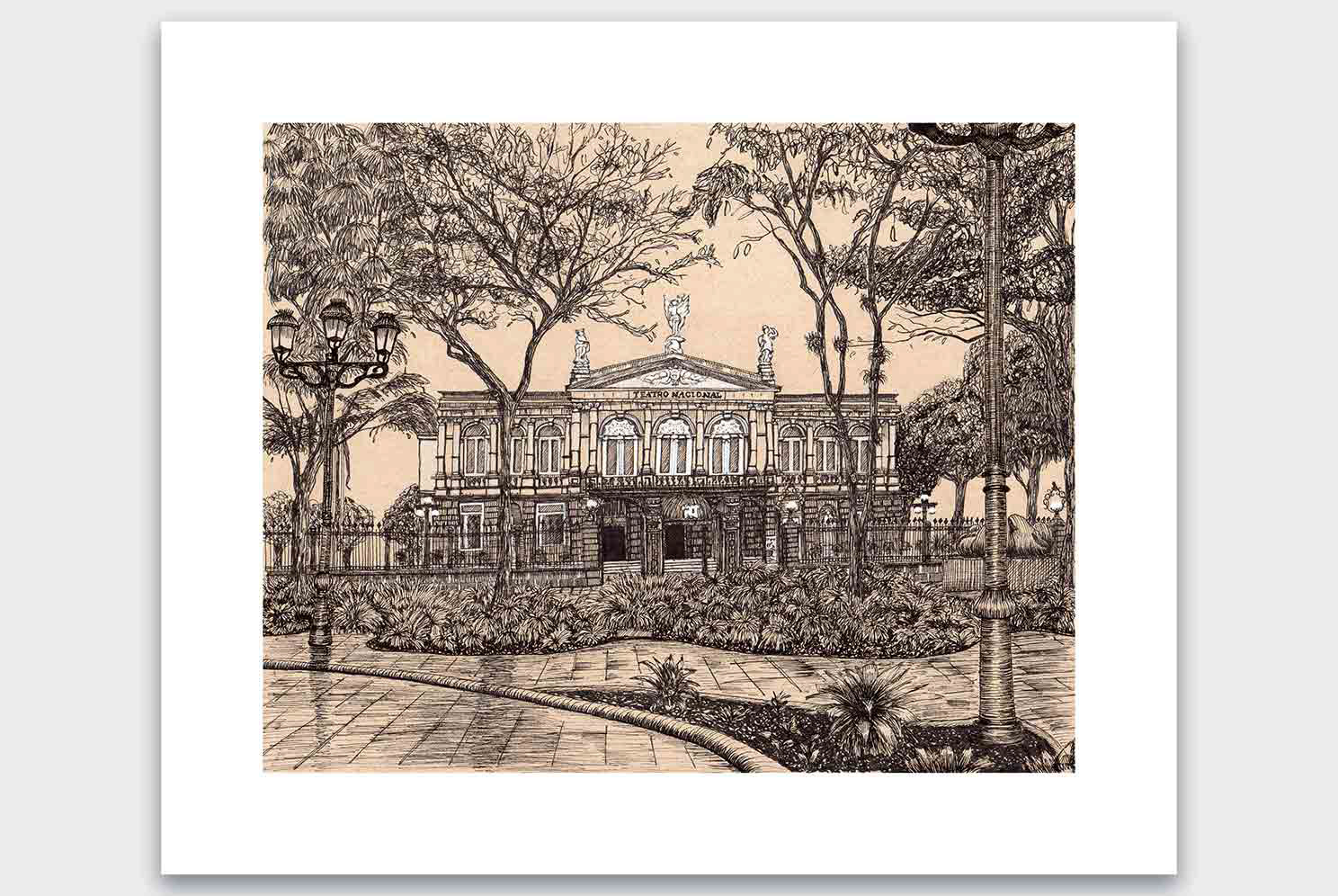 Fine Art Print, fachada Teatro Nacional, Dibujo a Plumilla, Costa RIca, artista Janid Alfaro