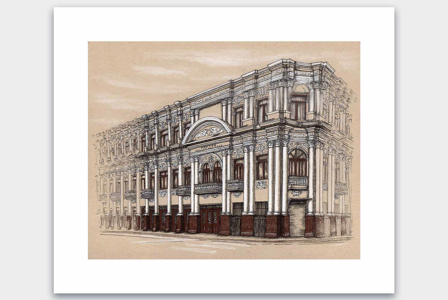 Fine Art Print, panorámica Teatro Melico Salazar, Dibujo a Plumilla, Costa RIca, artista Janid Alfaro