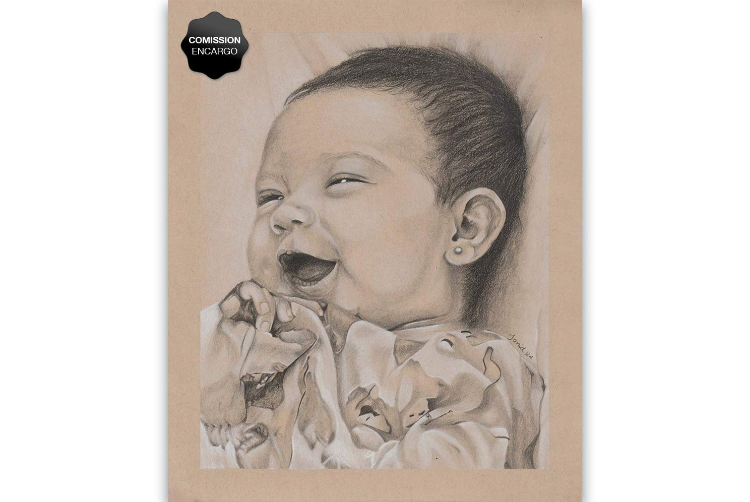 Retrato de una pequeña bebé muy sonriente.  Dibujo hecho a mano con lápiz