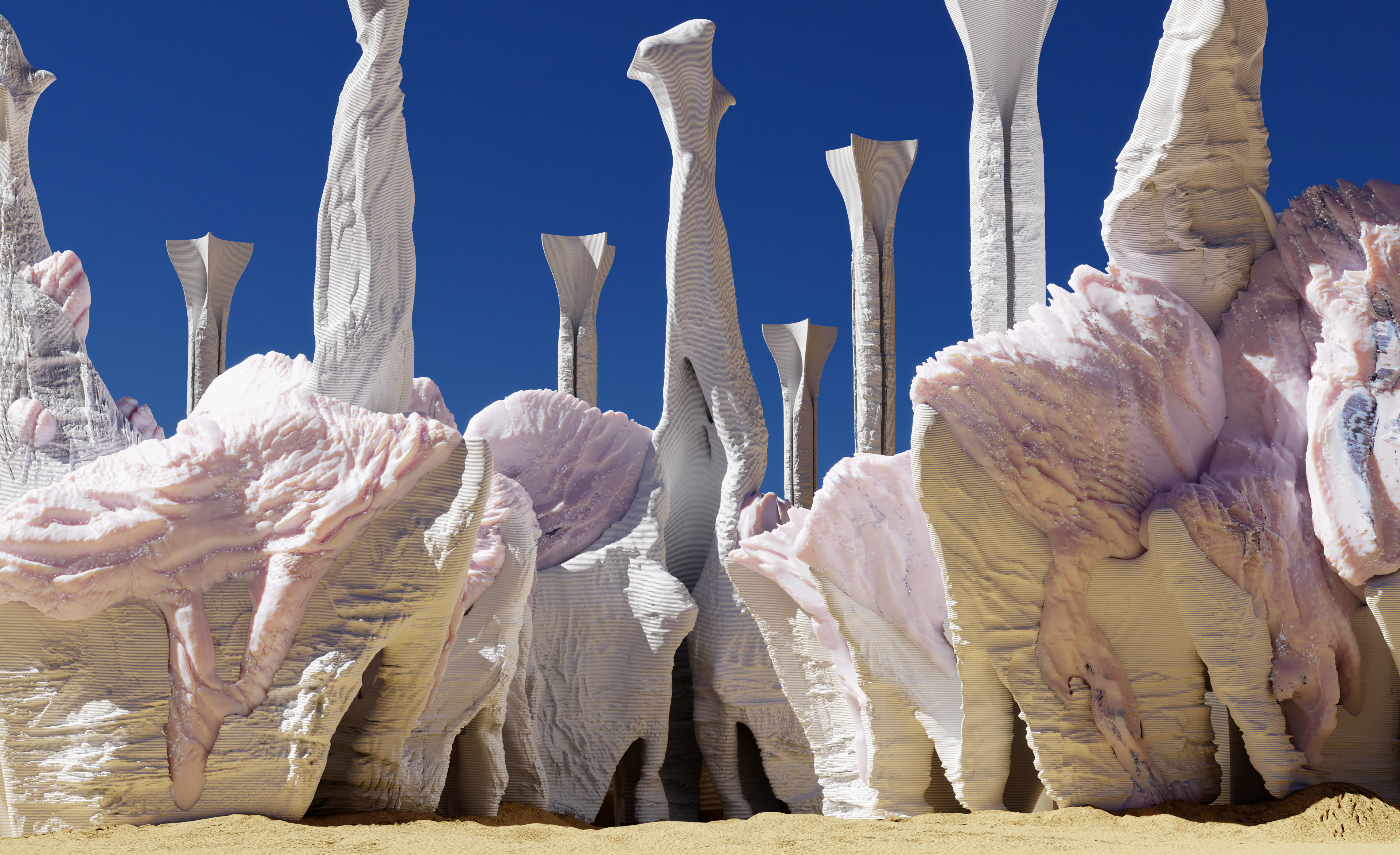violet coloured water as thermal mass, inside translucent polymer 3d printed roof structure.