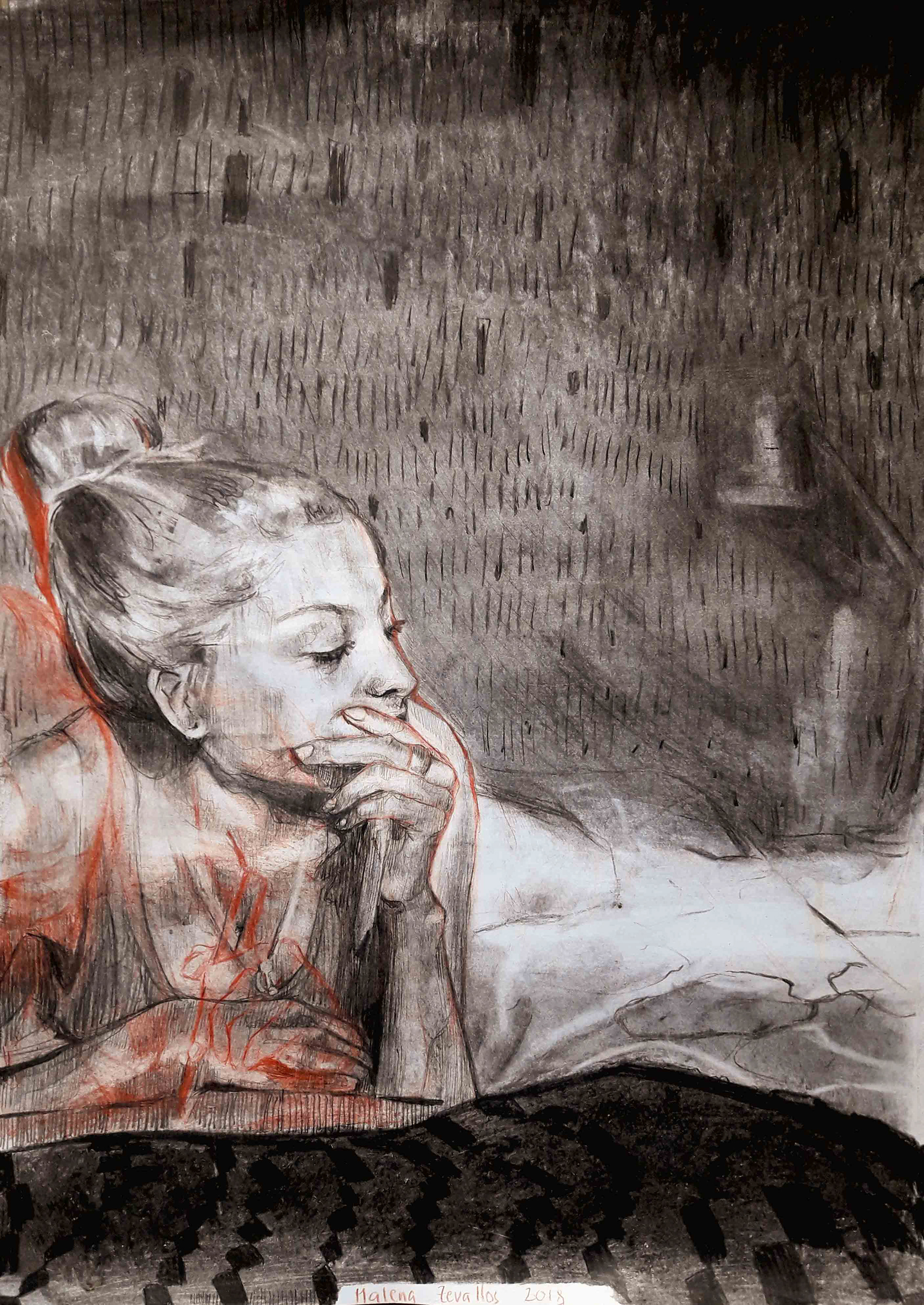 Carbonilla y lápiz sanguina. Obra de 1 m x 70 cm