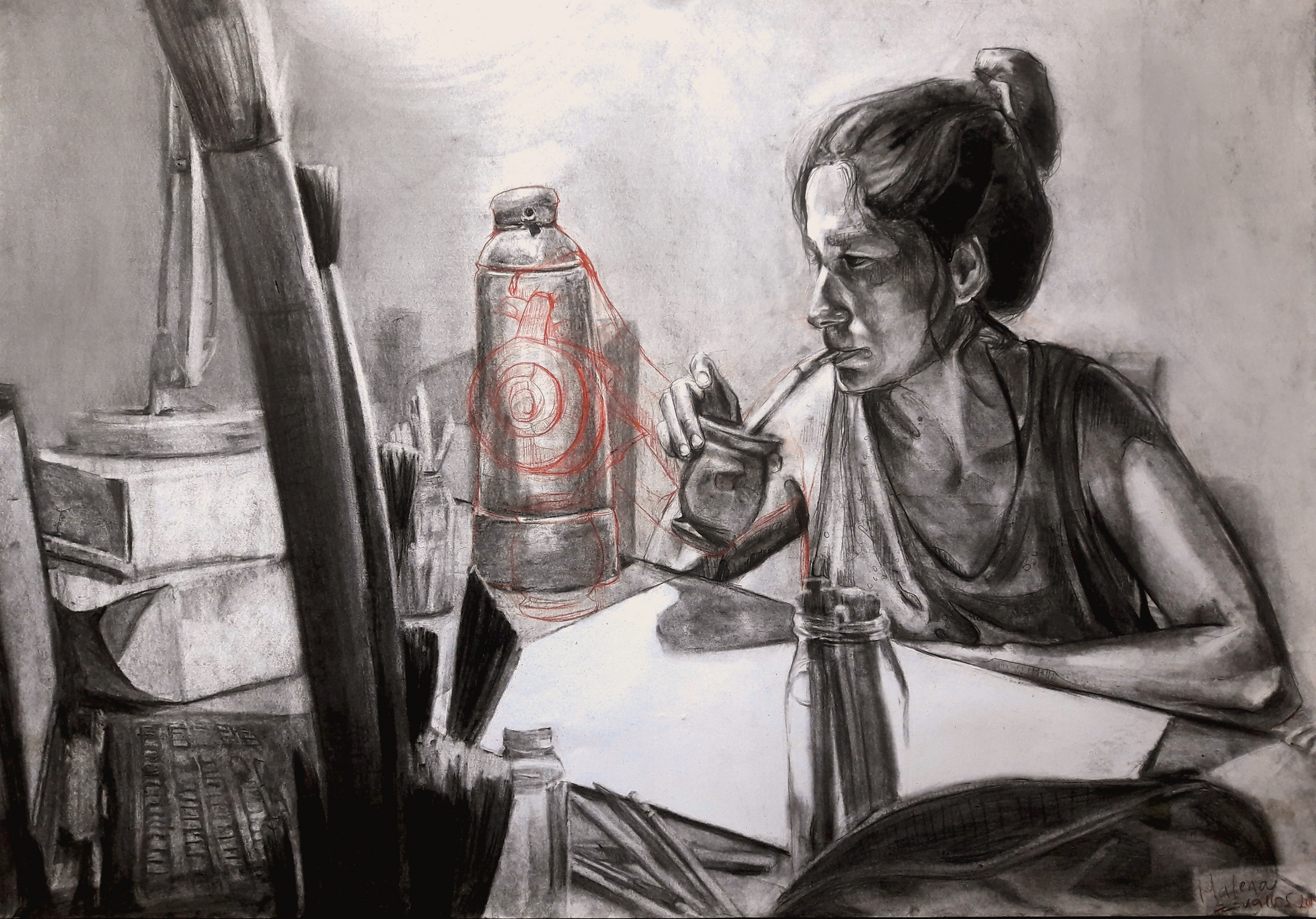 Carbonilla y lápiz sanguina. Obra de 1 m x 70 cm