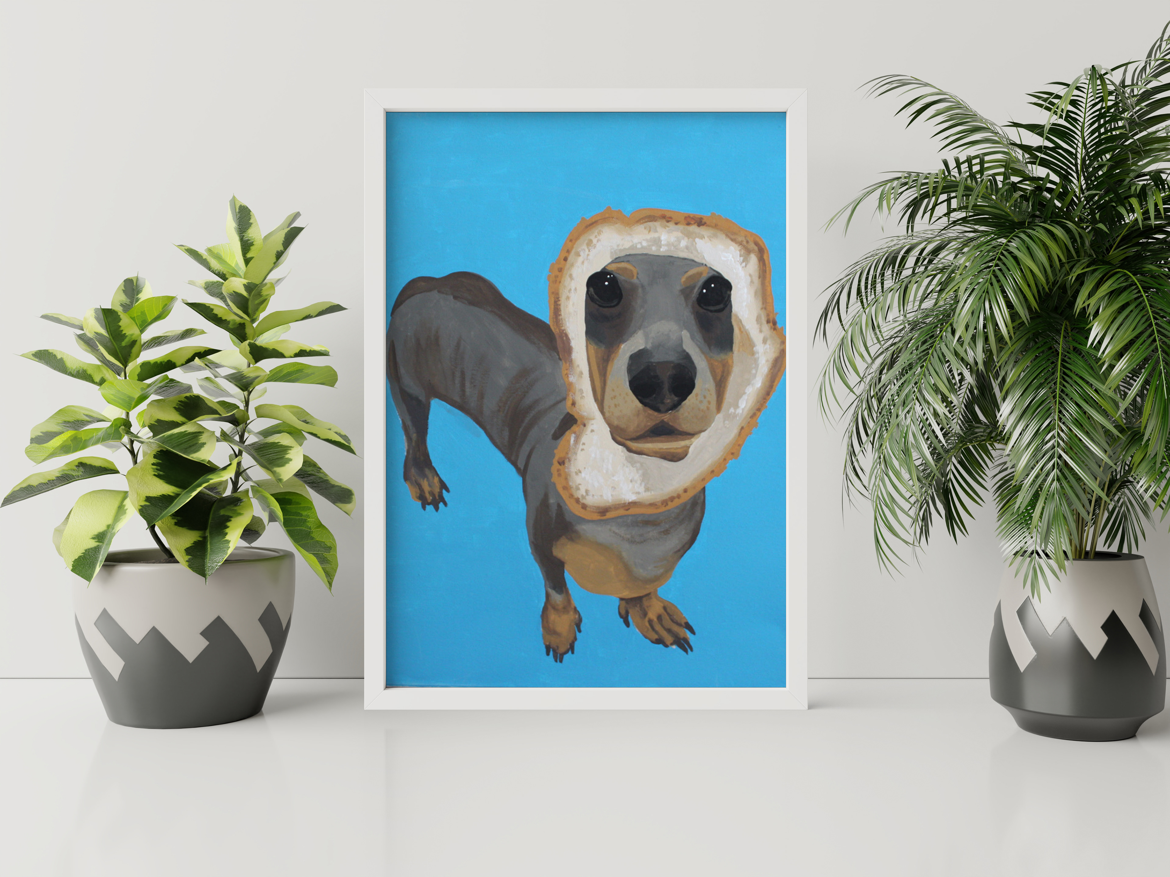 a mockup of a painting of a dog with a blue background