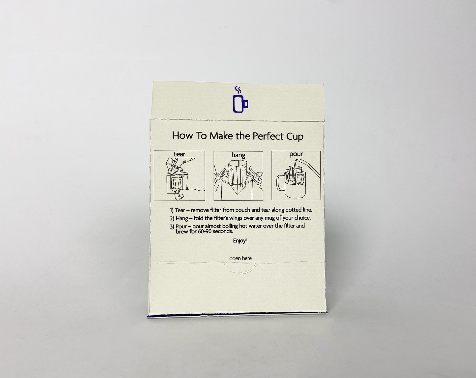 back side of package with infographic on how to make a cup of coffee