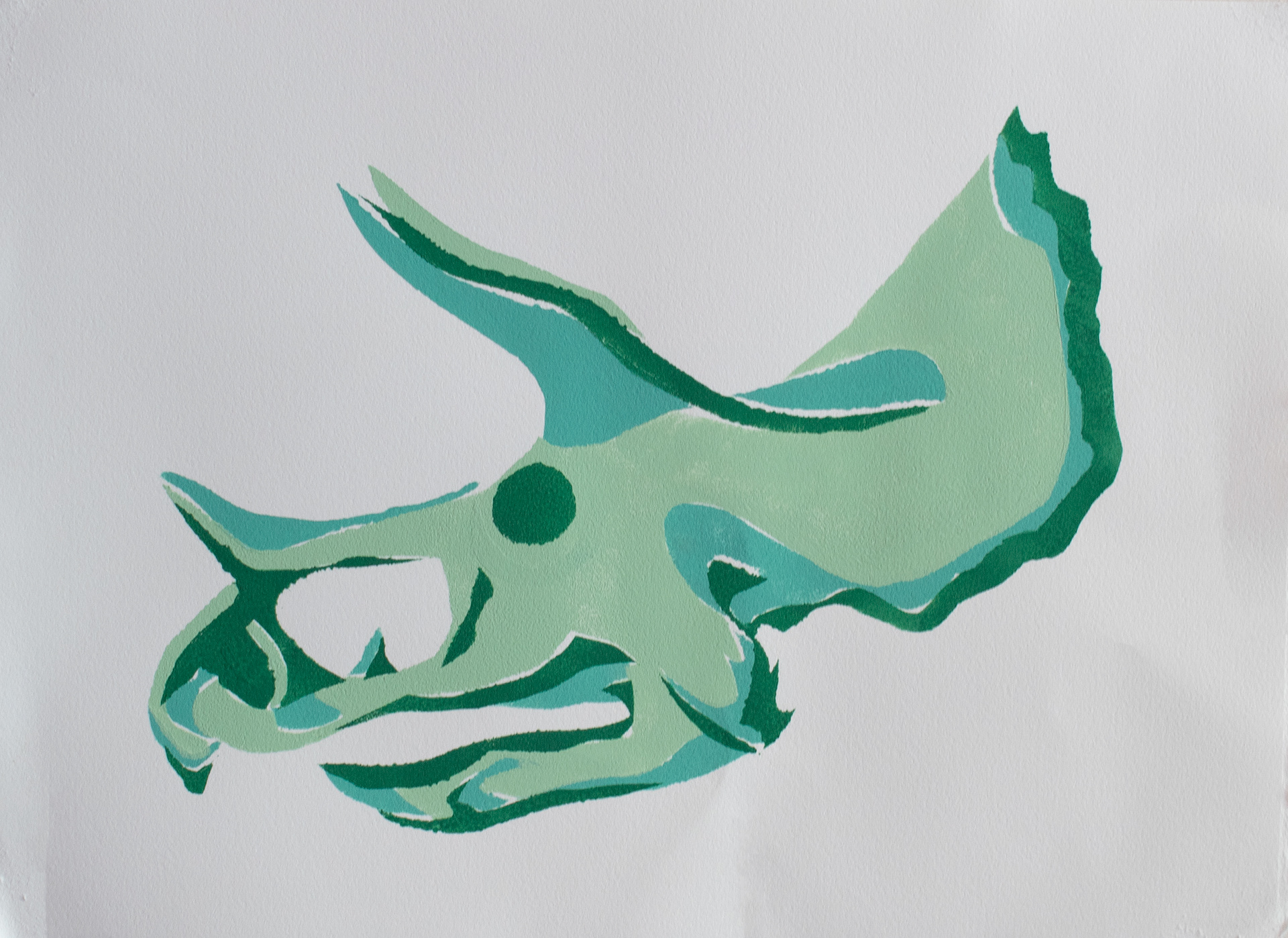 a pochoir print of a triceratops skull in various shades of green