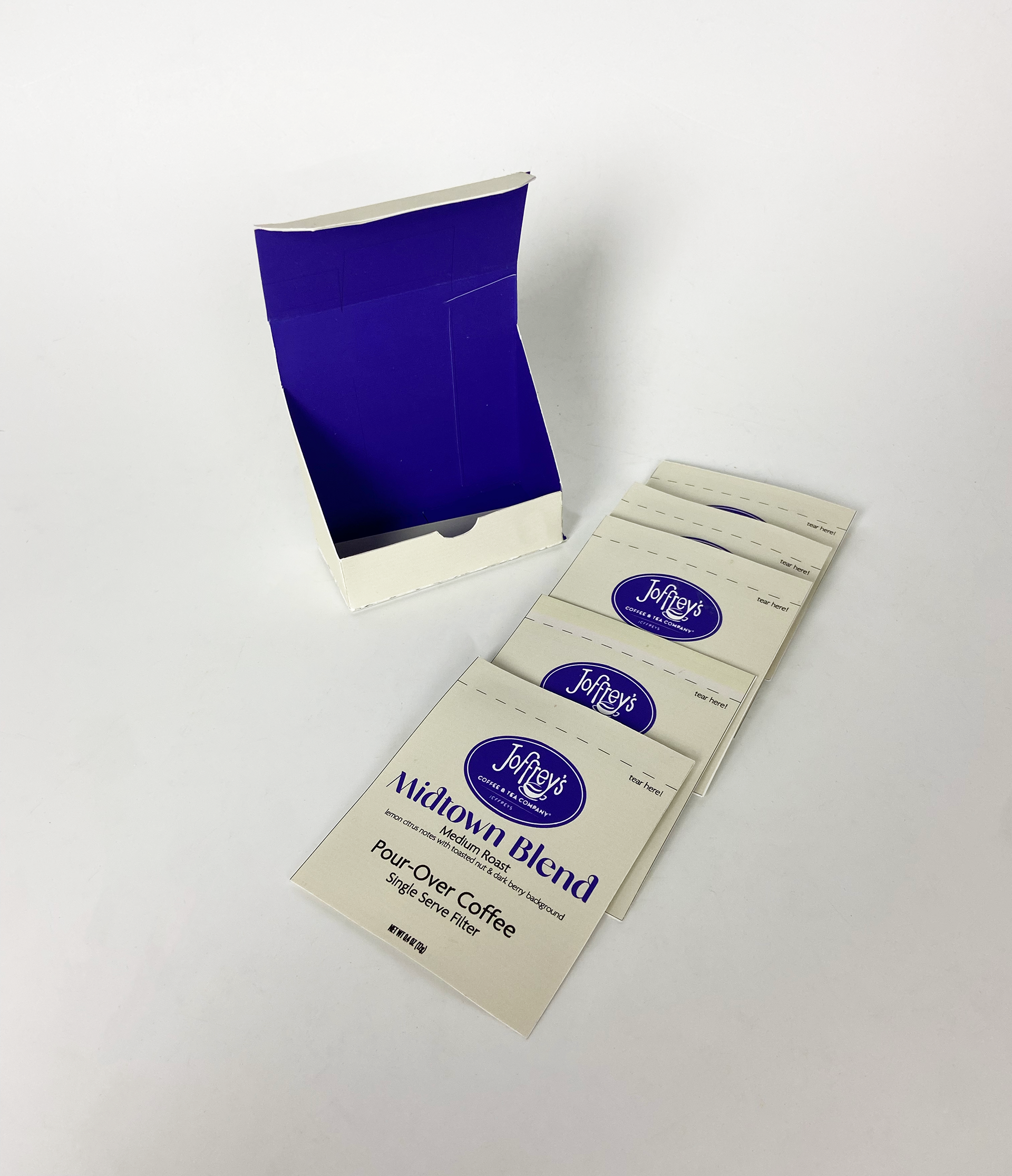 the inside of the box with a group of coffee filter packets