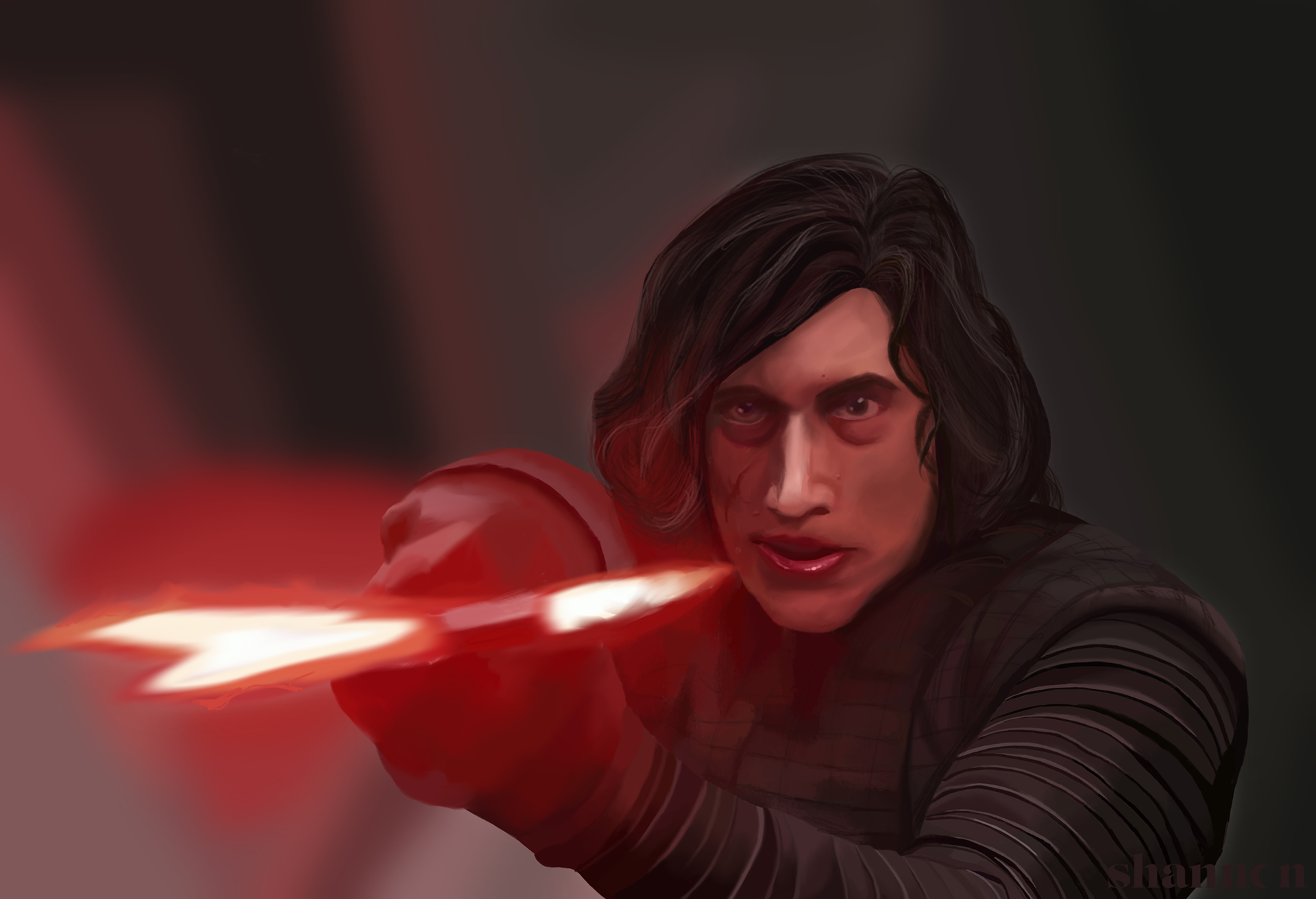 a digital painting of kylo ren from star wars holding a lightsaber