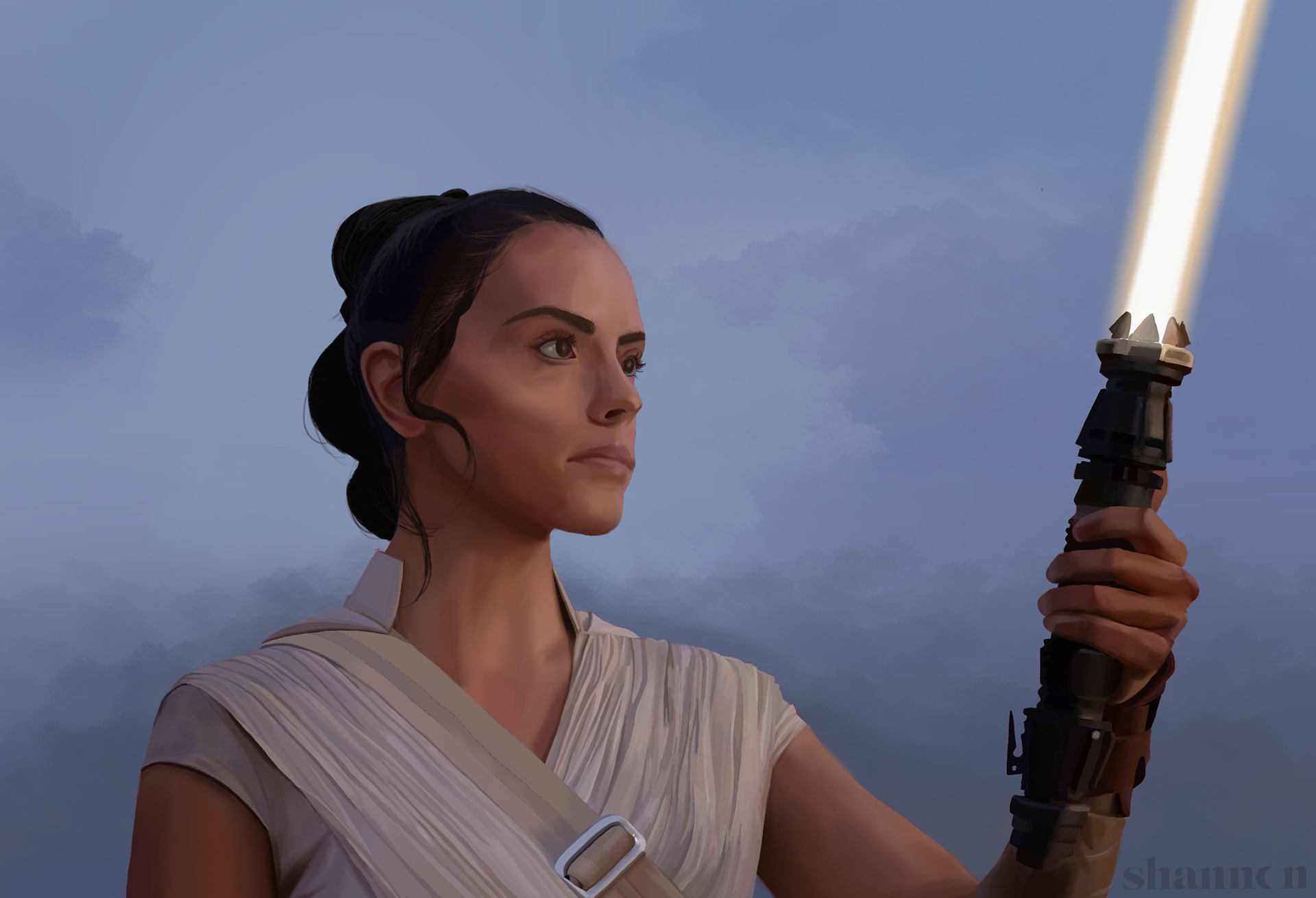 a digital painting of rey from star wars holding a lightsaber