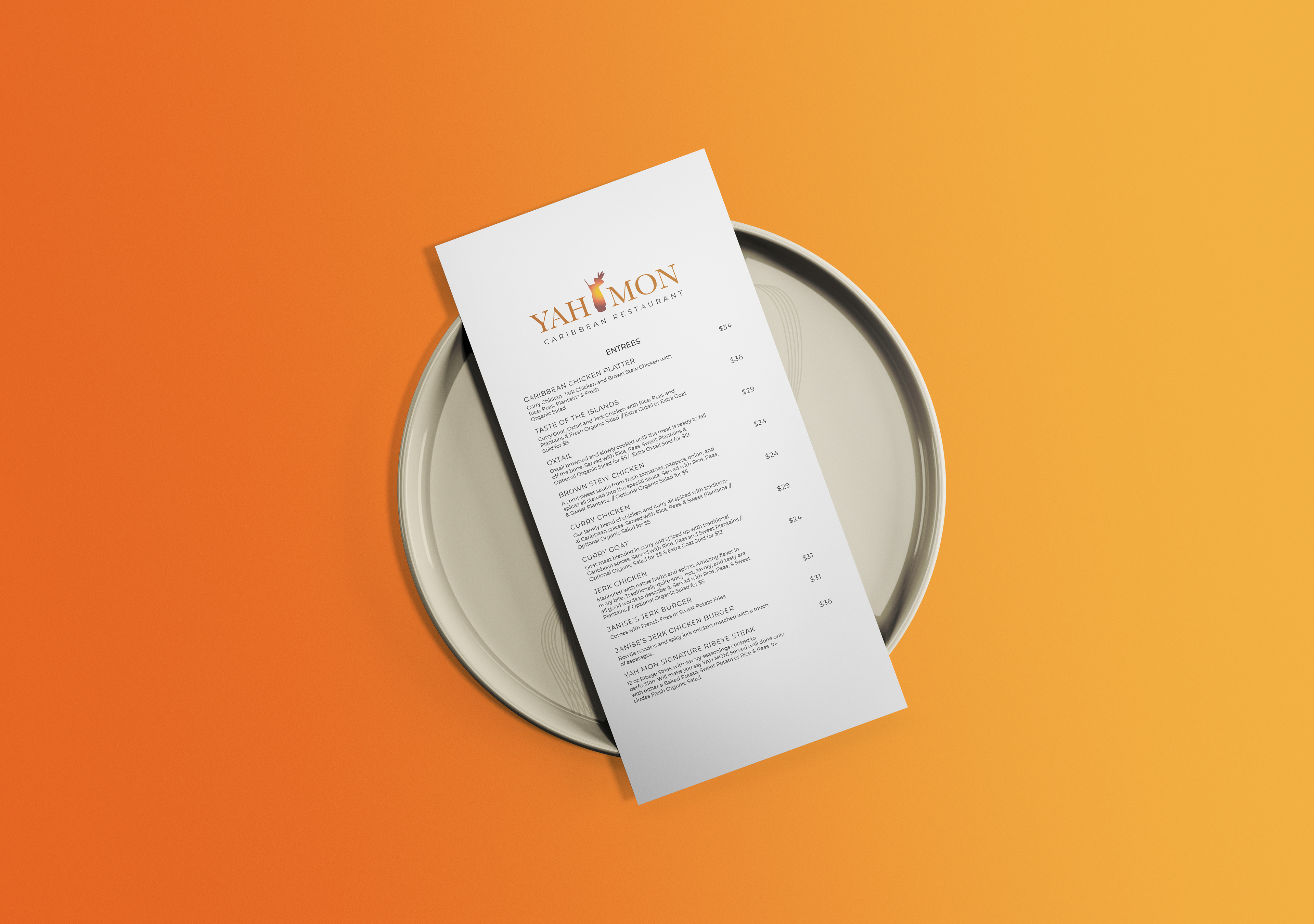 a mockup of a menu for a Caribbean restaurant with an orange background