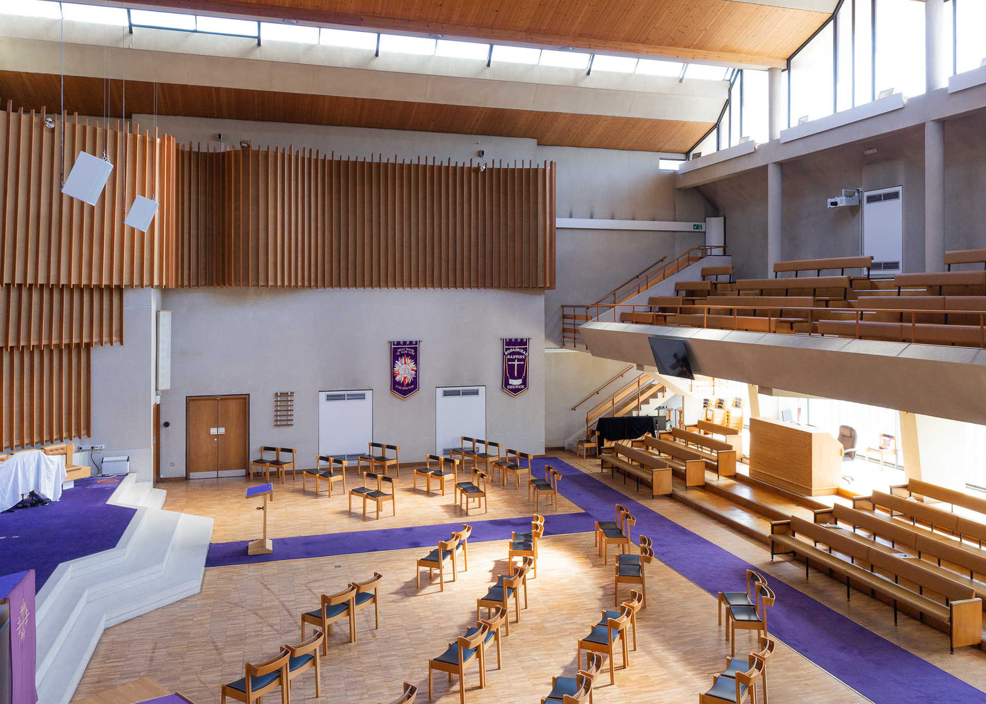 Broadmead Baptist Church in Bristol - a photograph by Bristol based architecture photographer Jake Hitchcock. Raw concrete and timber panelling show off the brutalism vision designed in 1969 by architect Ronald Hubert Sims.