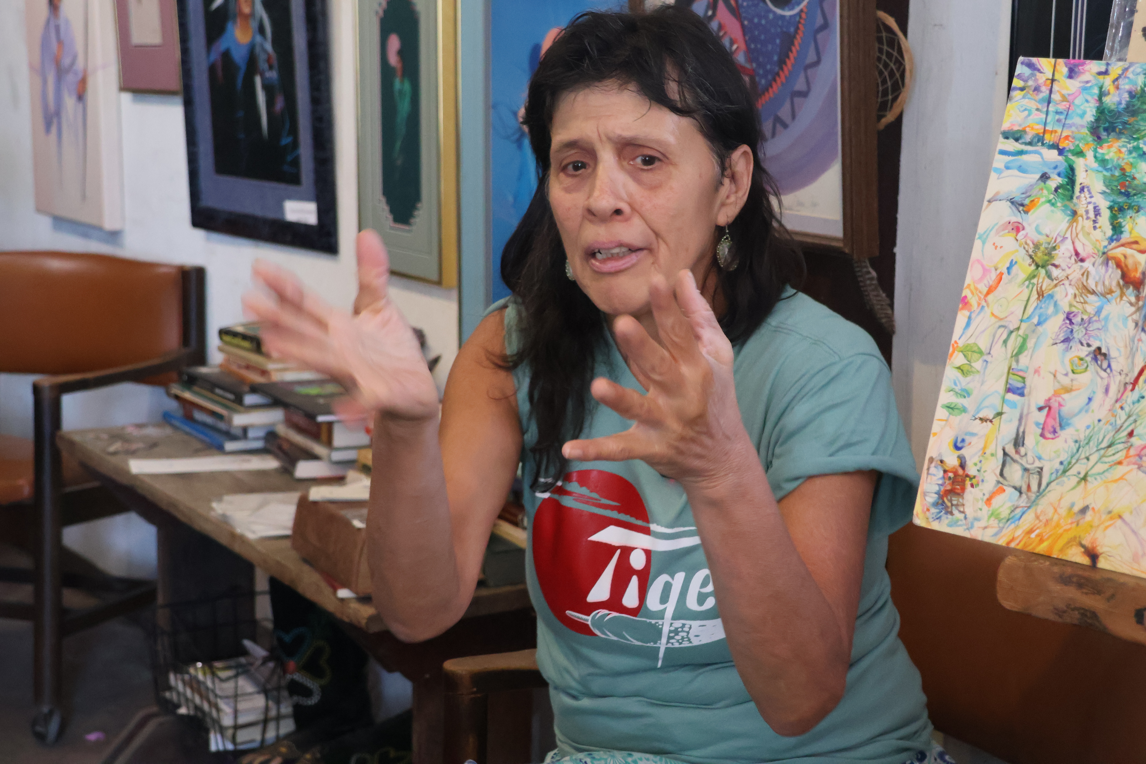 Dana Tiger gestures as she talks during her interview in Muskogee, OK. Tabitha Hidalgo