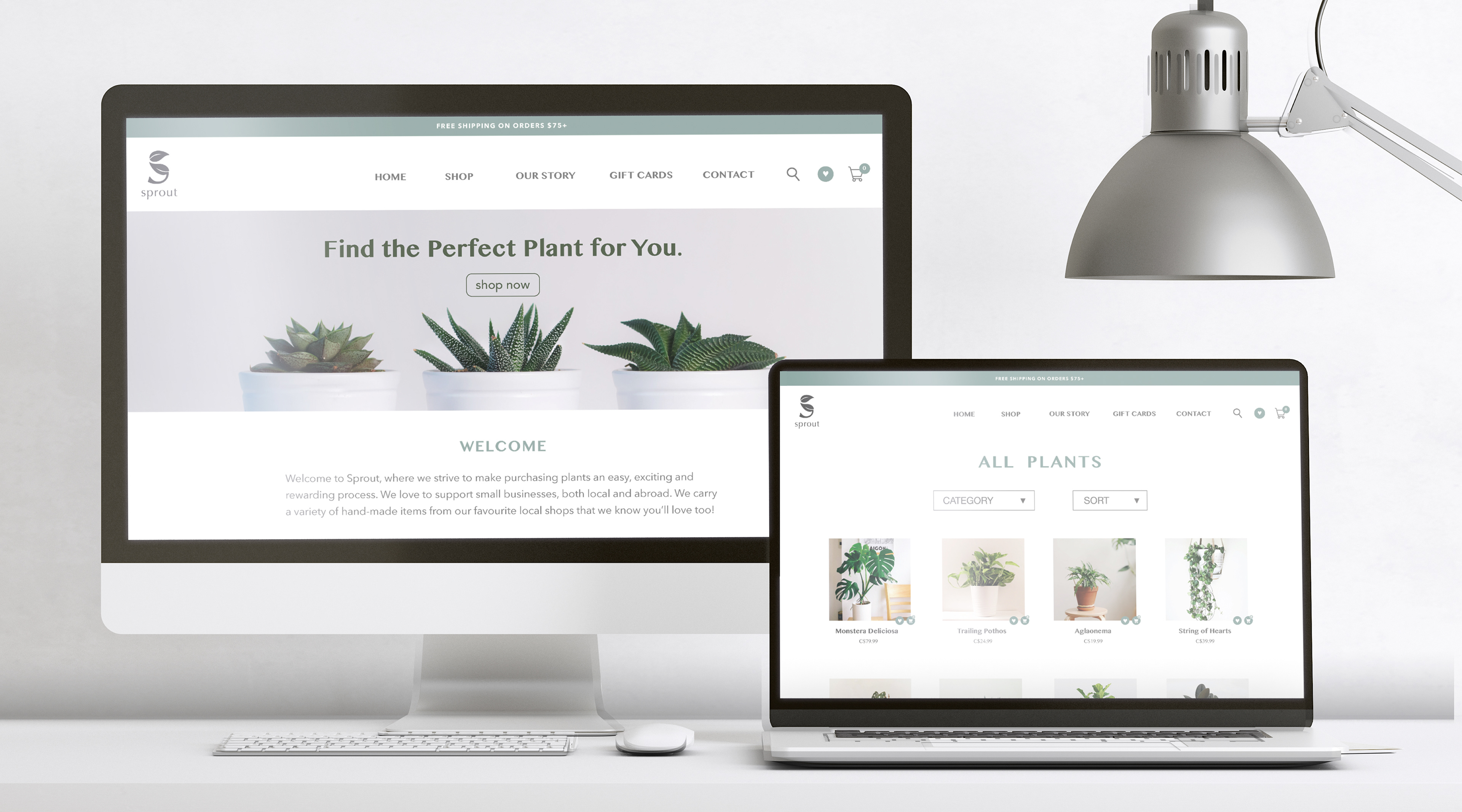 Home screen and Shop screen shown on desktop and laptop