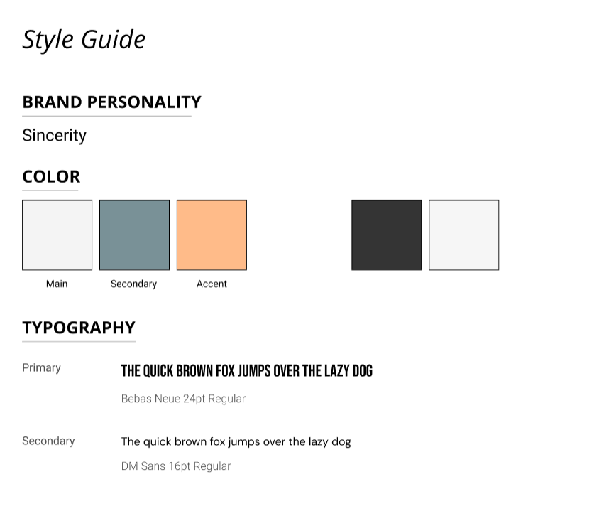 Style Guide with Branding, Color choices and Typography