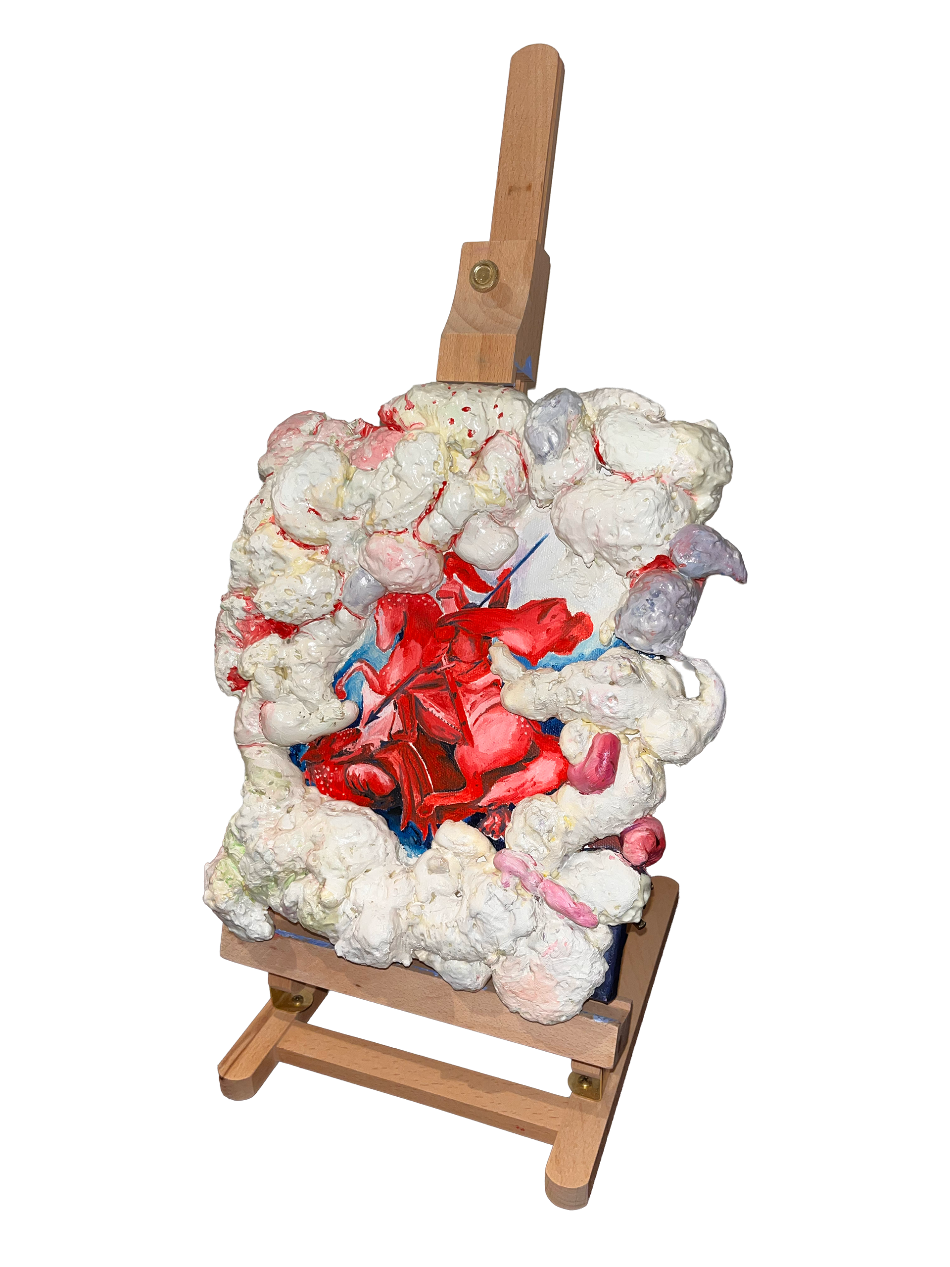 "Torta #10" Óleo sobre tela com bordas em espuma expansiva, montada em cavalete de madeira, 30x30x45, 2025