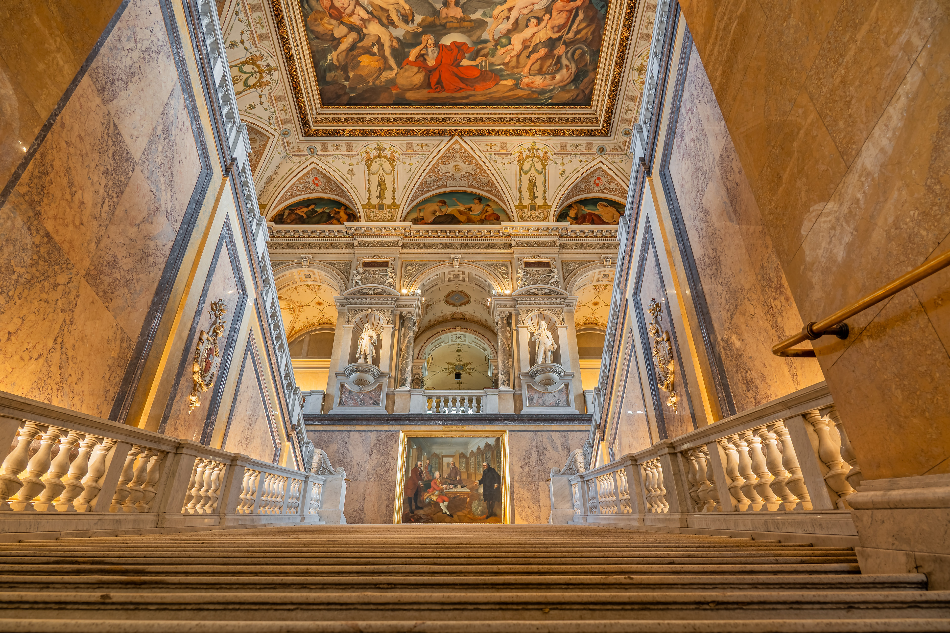 Natural History Museum grand staircase with ornate ceiling