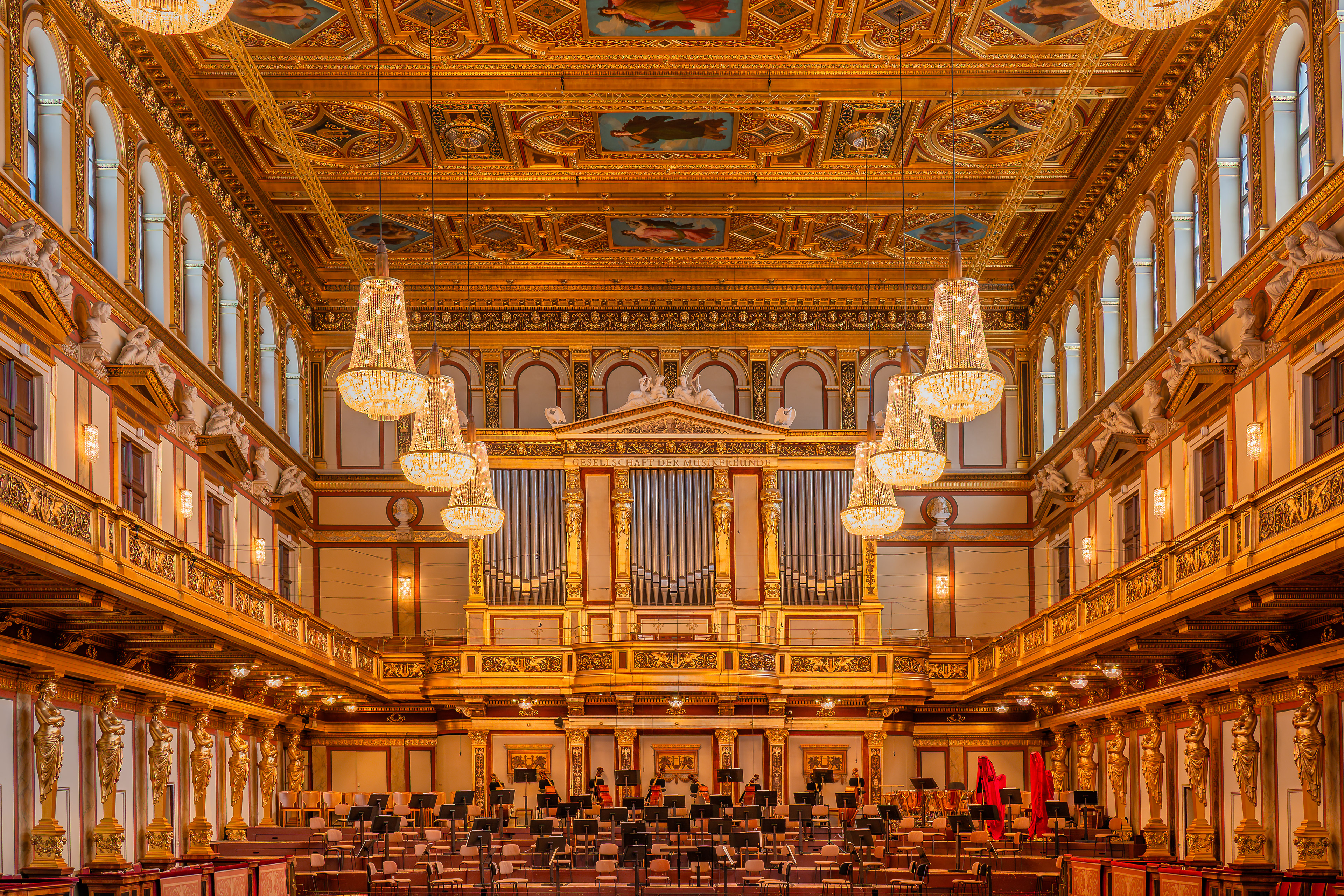 Musikverein Golden Hall with ornate interior and chandeliers