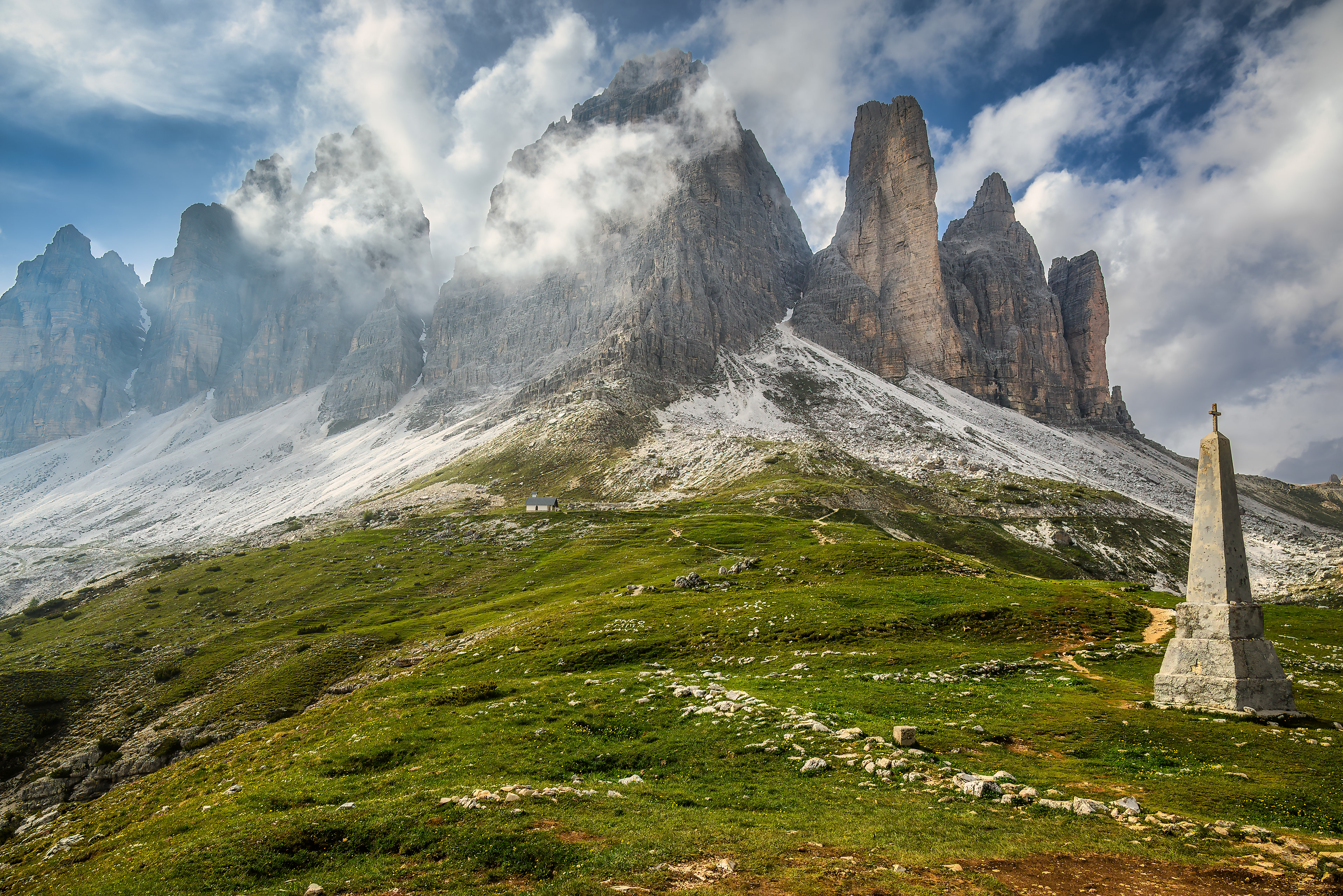 Tre Cime di Lavaredo covered in clouds