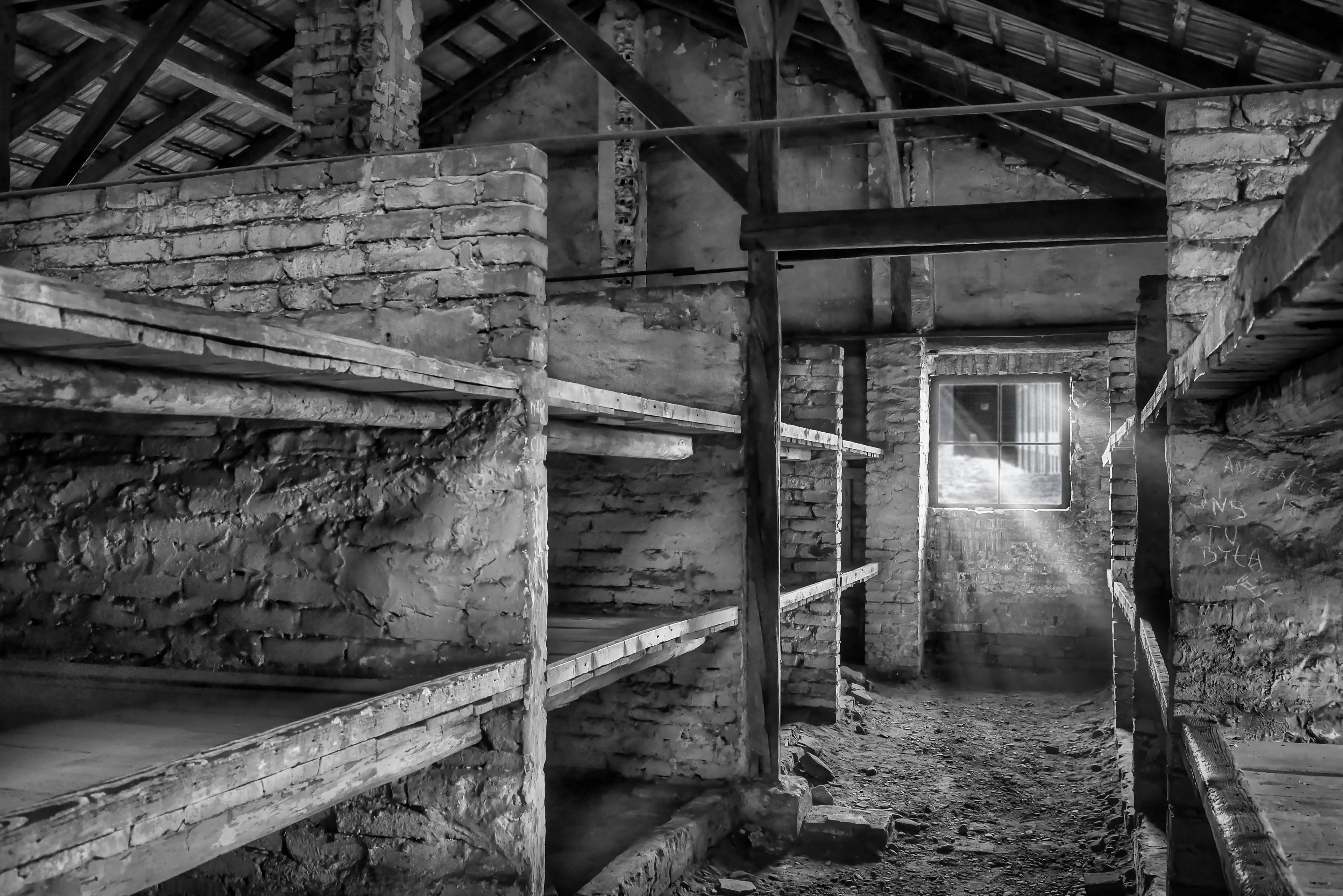 Interior of a barrack in Birkenau